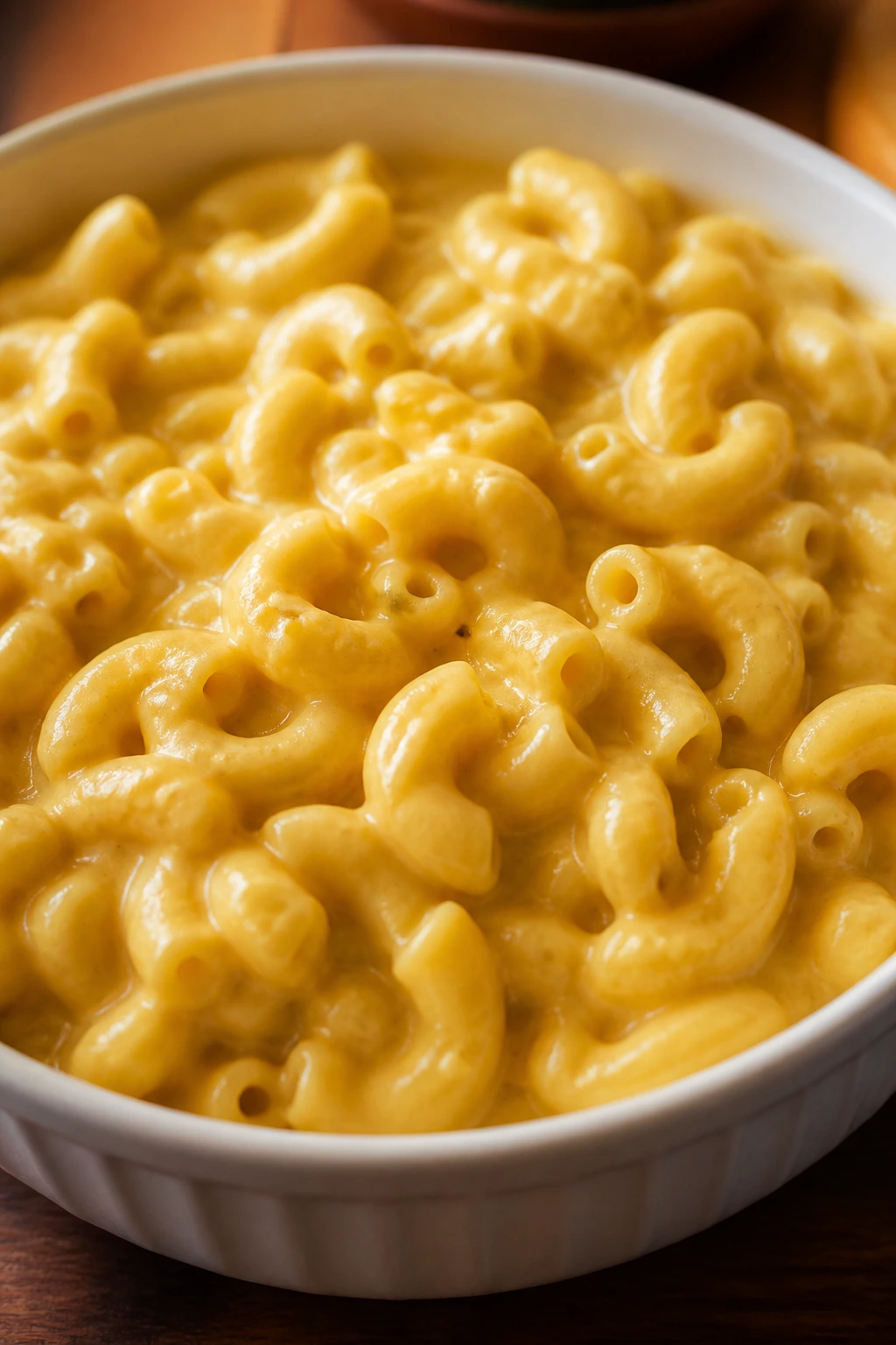 Creamy hidden veggie mac and cheese with cauliflower pieces in a white dish
