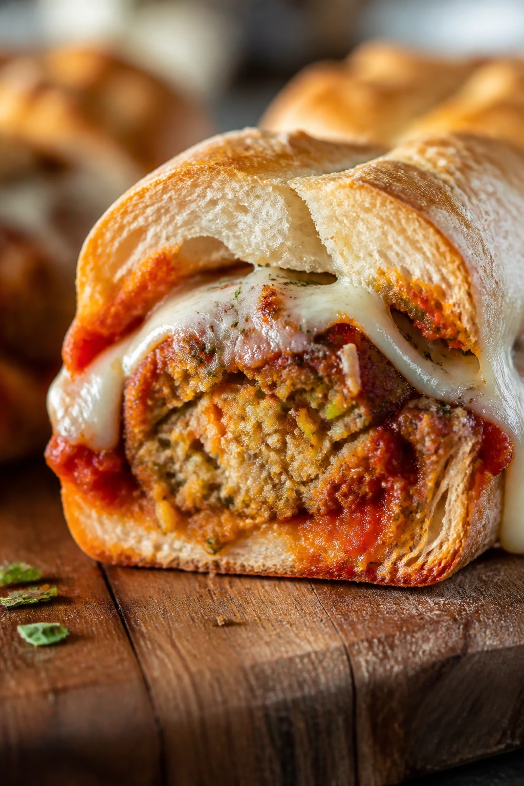 Cross-section of hidden-veggie meatball sub with cheese