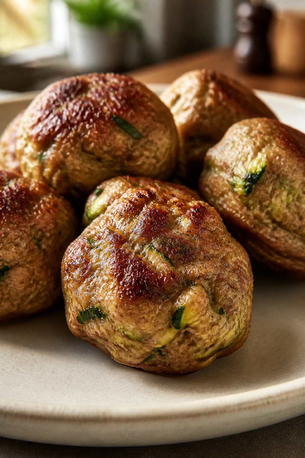 Meatballs with hidden zucchini flecks on a plate in a kitchen.