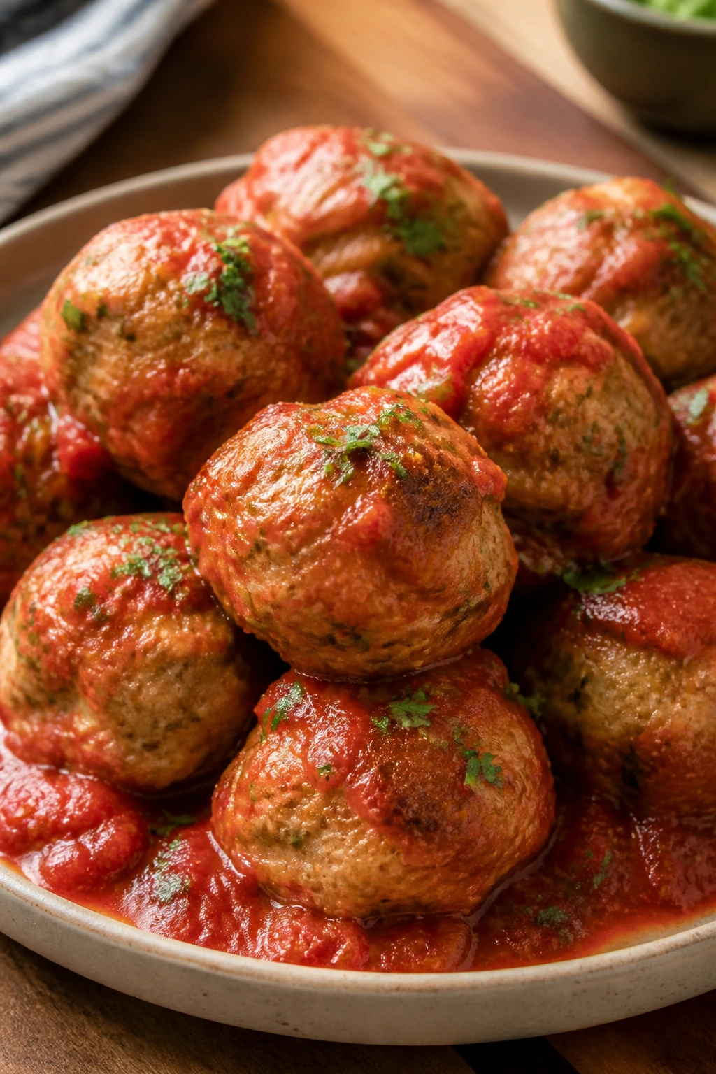 Turkey meatballs in tomato sauce on a plate in a cozy dining setting