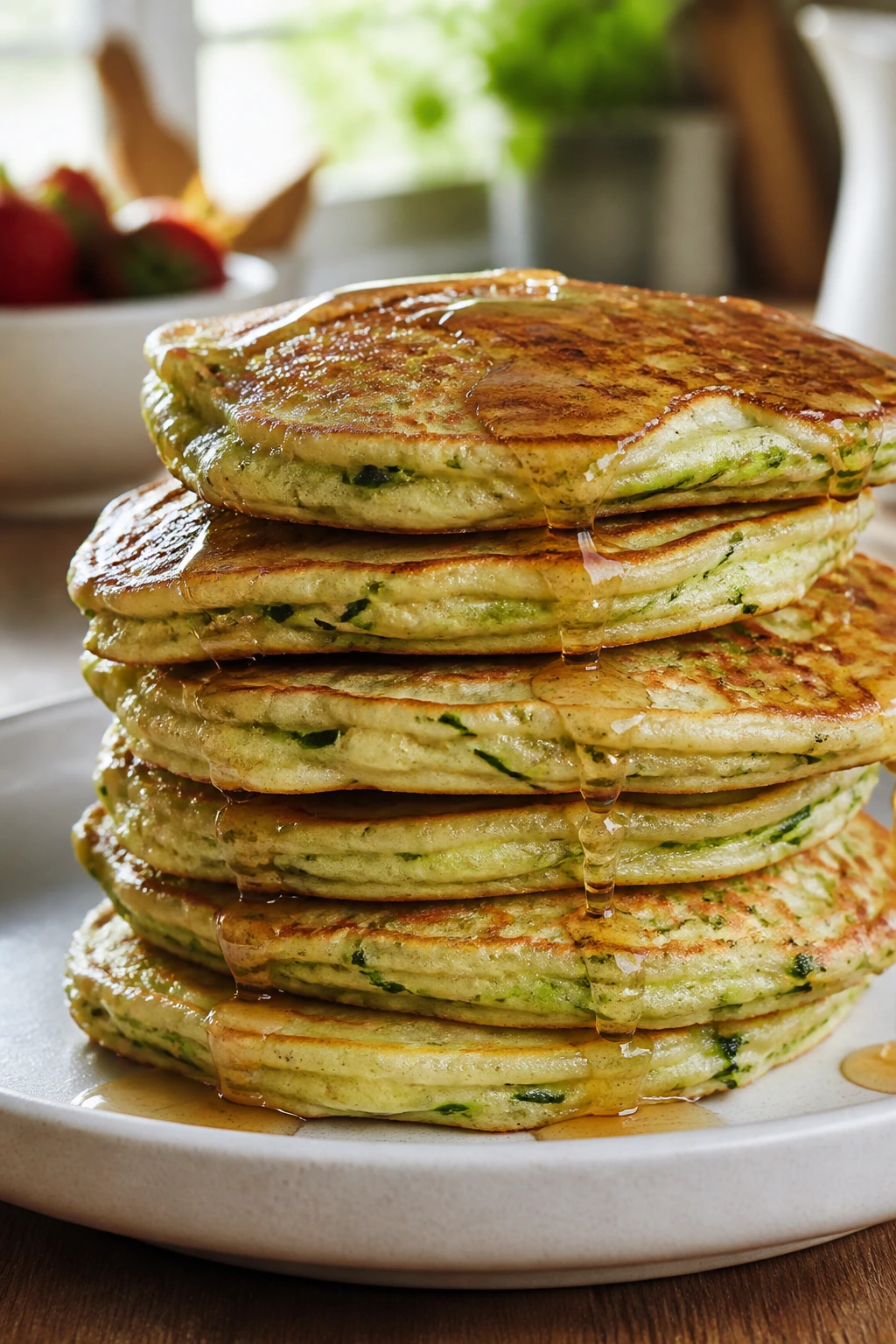 Stack of hidden veggie pancakes with syrup on a plate