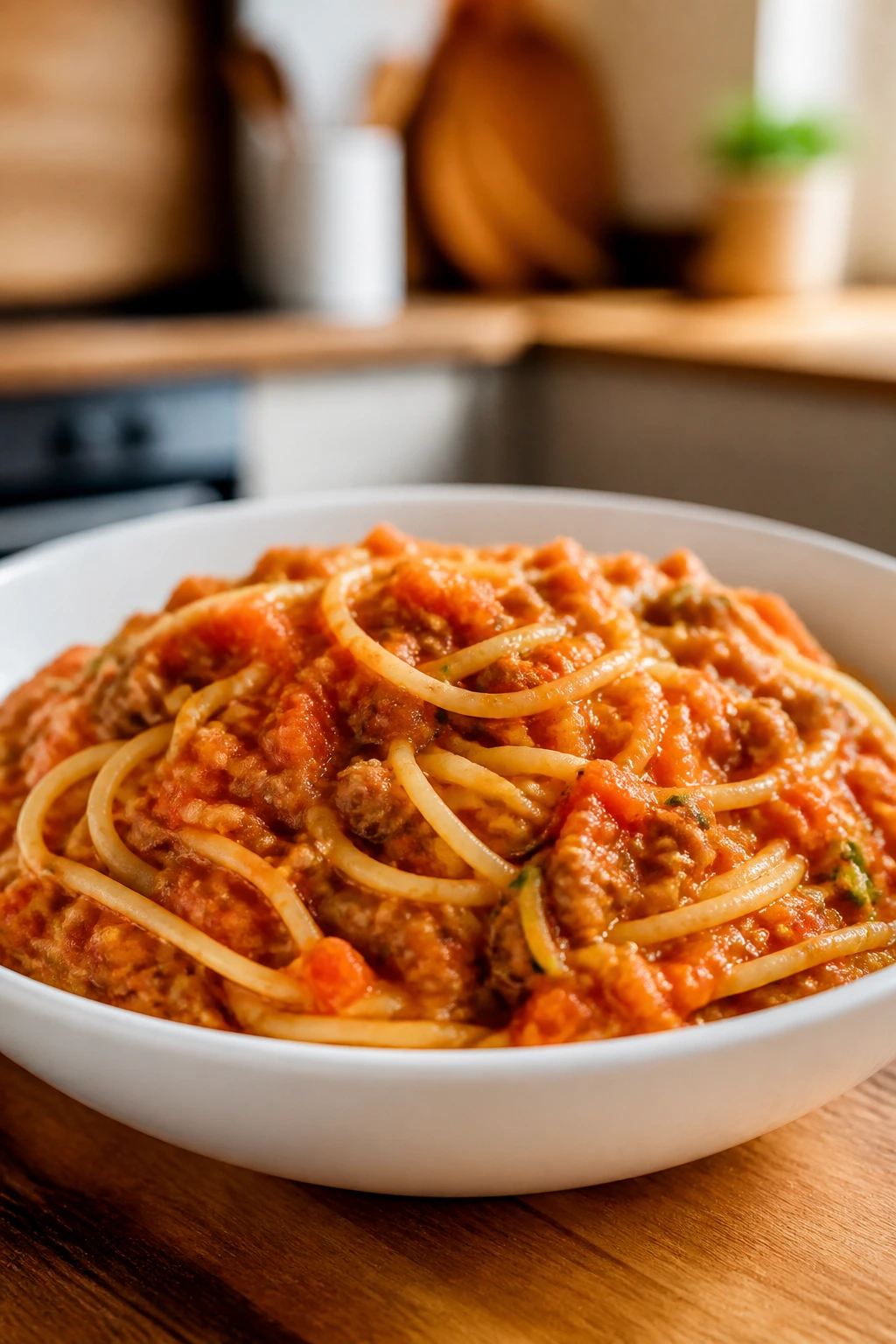 Spaghetti with grated vegetables in tomato sauce