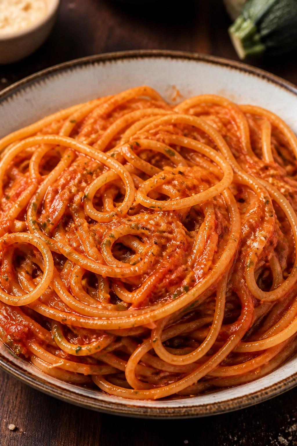 Plate of hidden veggie spaghetti with smooth sauce in a cozy kitchen