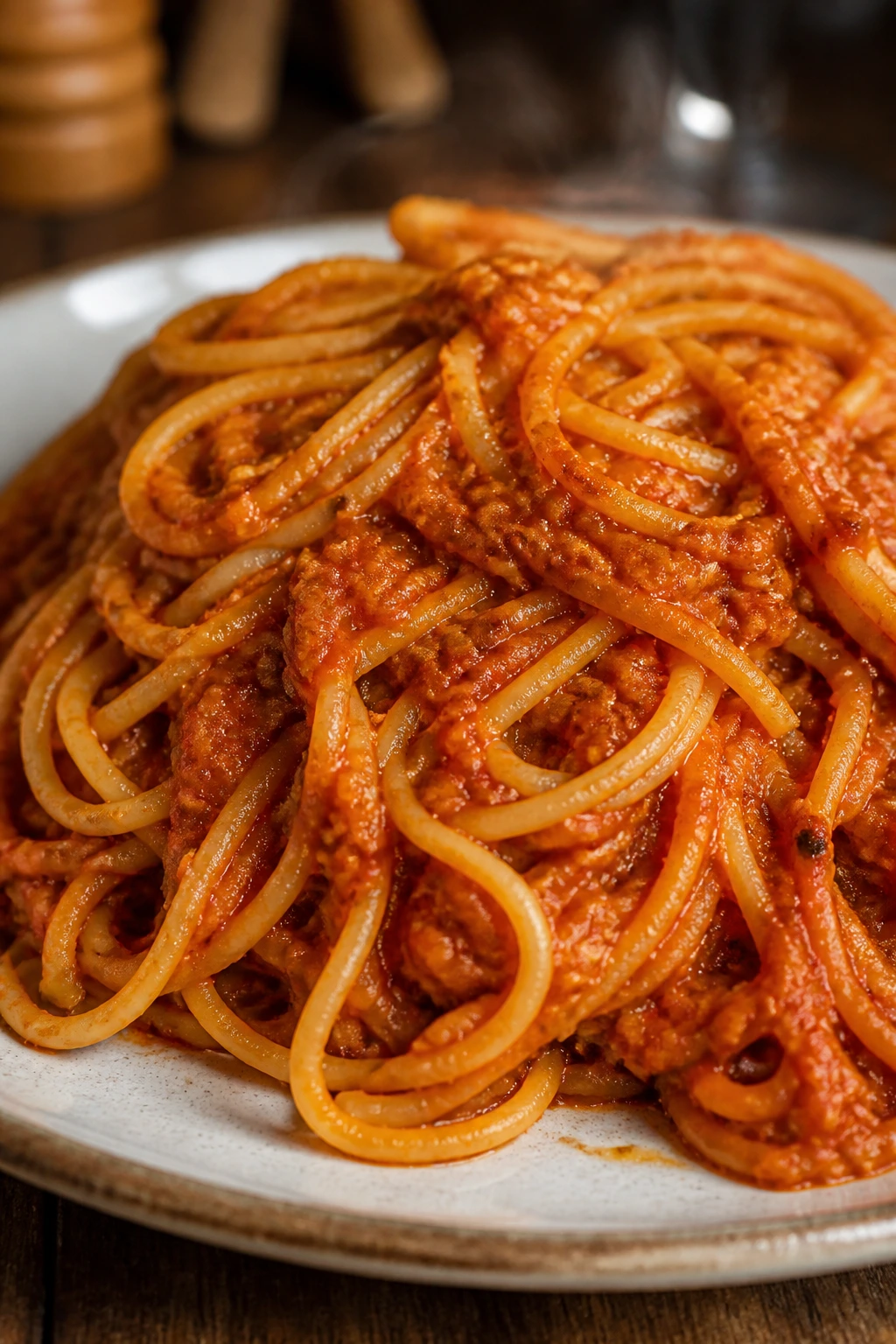 Plate of spaghetti with tomato sauce and hidden vegetables blended into the sauce