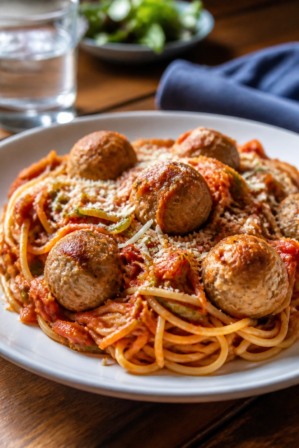 Plate of spaghetti with marinara sauce containing grated carrots and zucchini and turkey meatballs