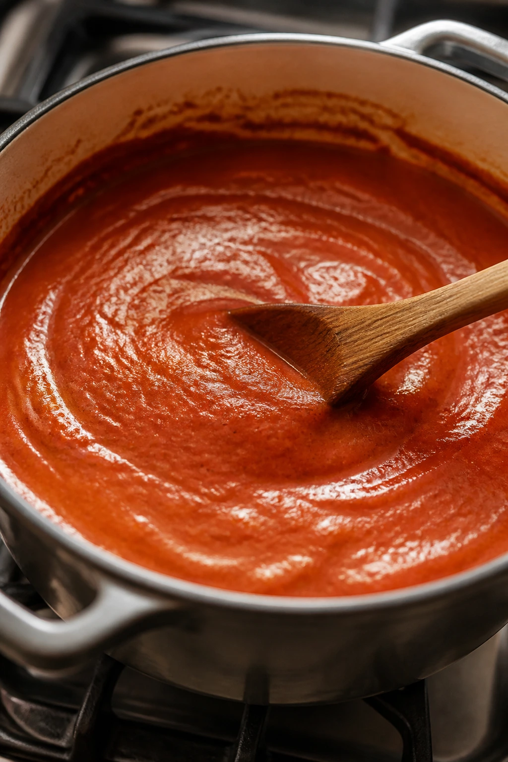 Glossy red marinara sauce in a pot on a stove