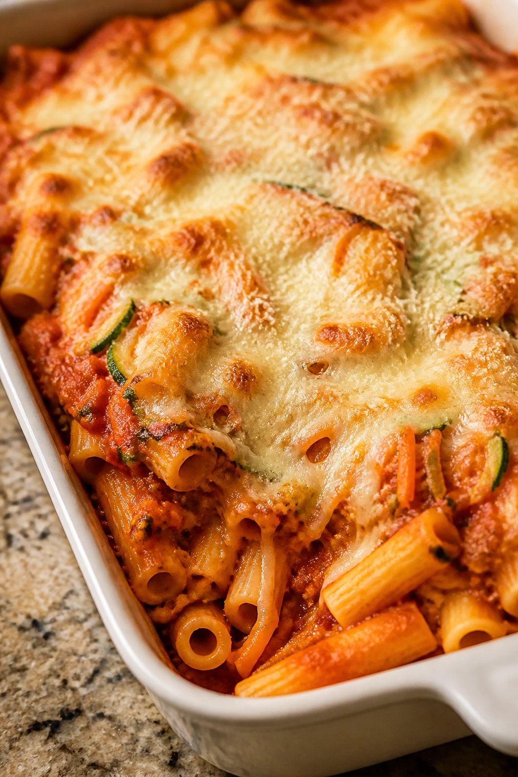 Close-up baked ziti with hidden zucchini and carrot in tomato sauce