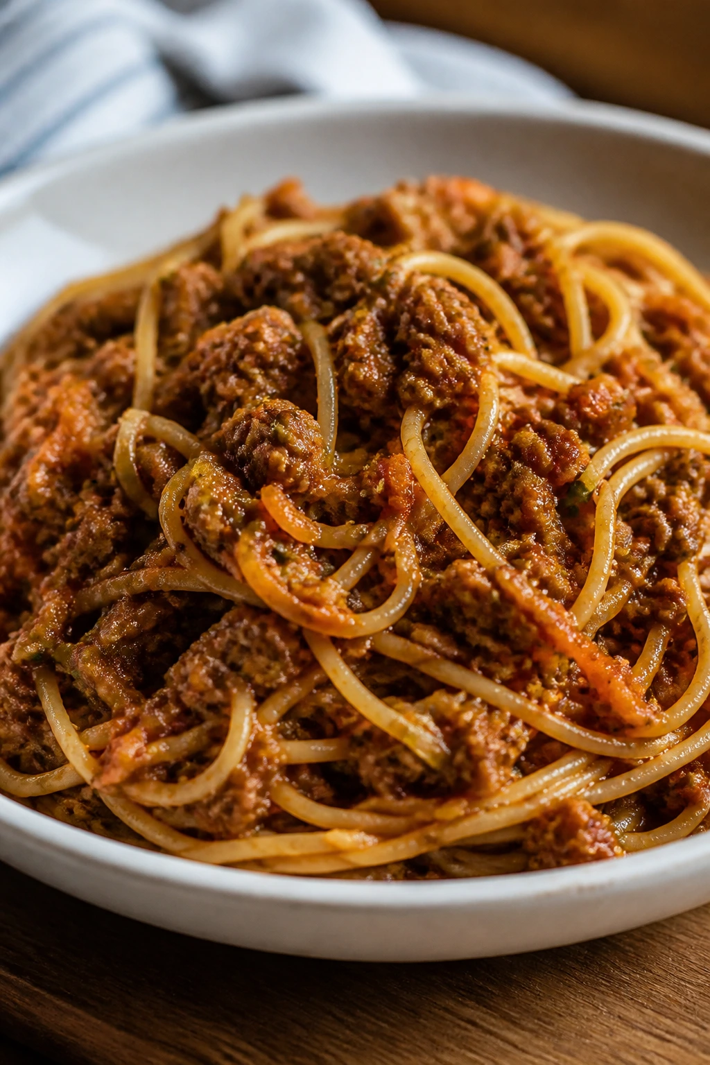 Bowl of spaghetti with beef sauce and hidden grated veggies