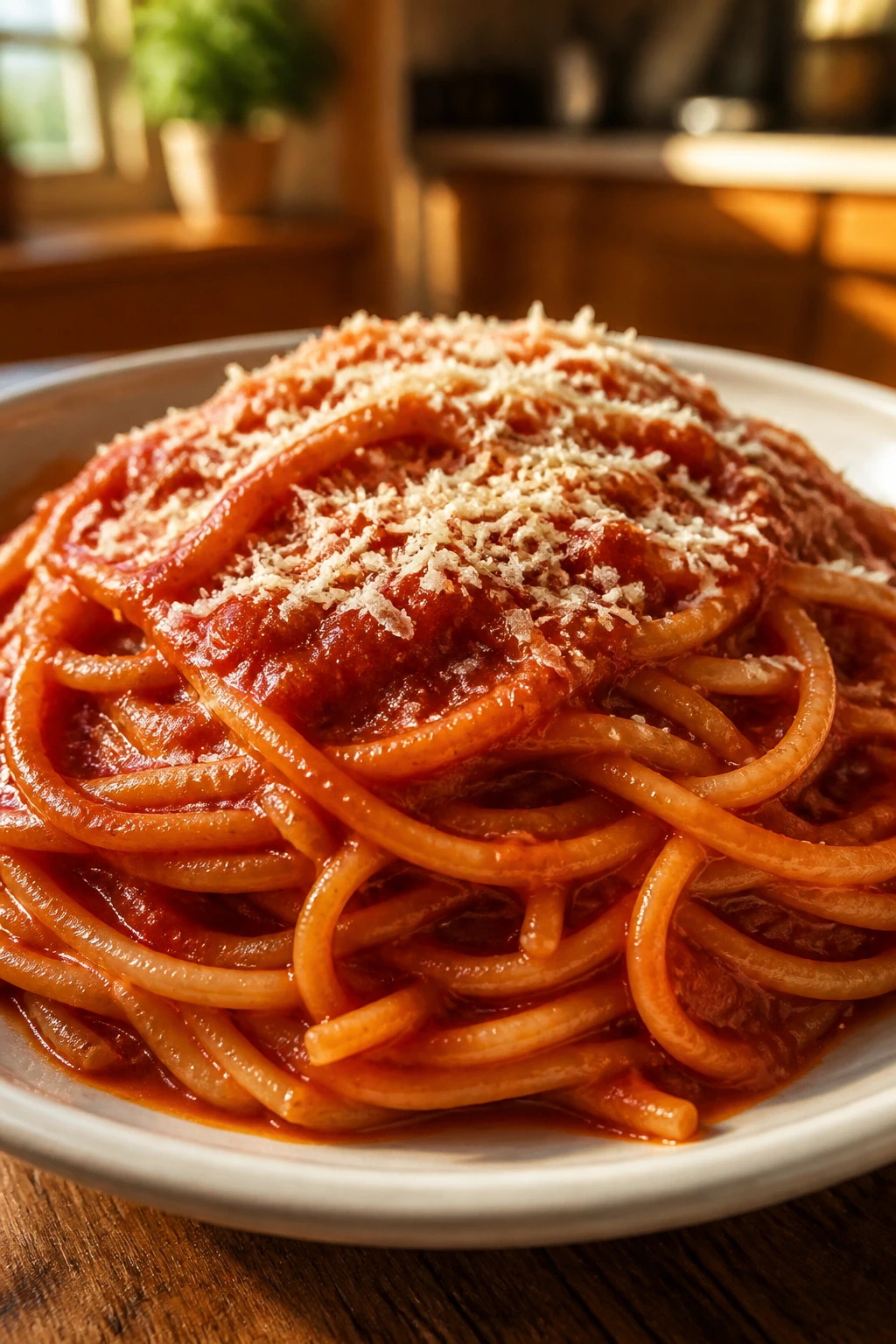 Close-up of spaghetti with smooth red sauce and Parmesan, no visible vegetables