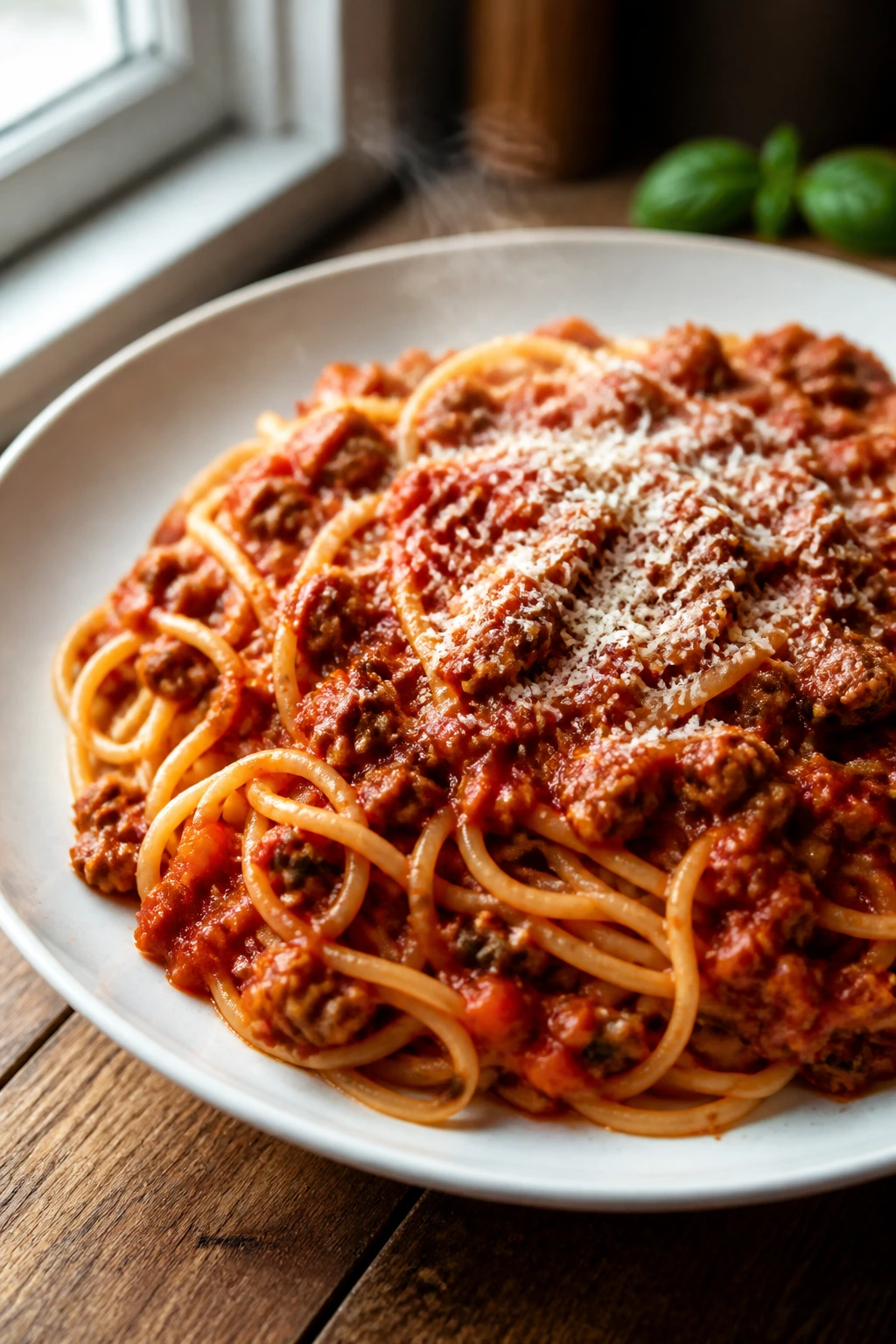 Close-up plate of hidden-veggie spaghetti with carrot and zucchini in tomato sauce