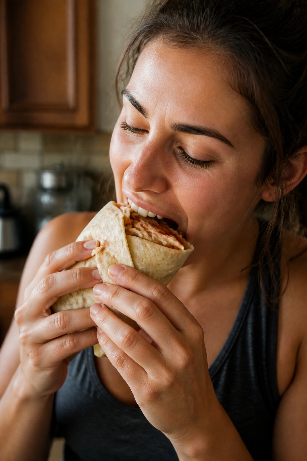 Close-up of a person biting into a tortilla with chicken filling