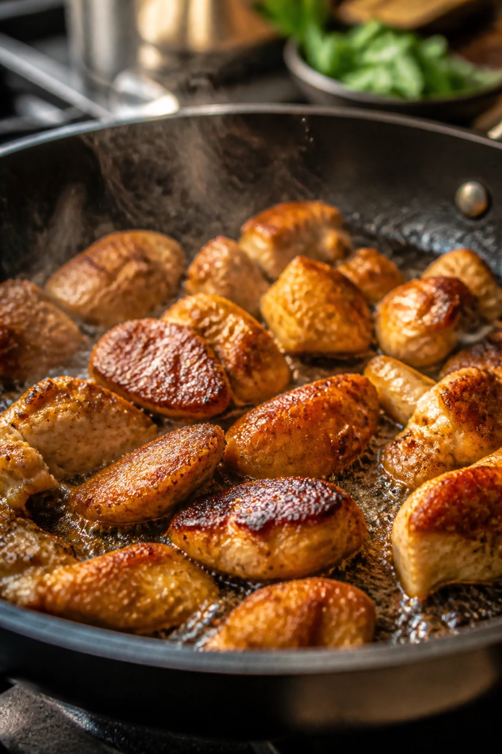 Close-up of chicken browning in a hot skillet with sear marks