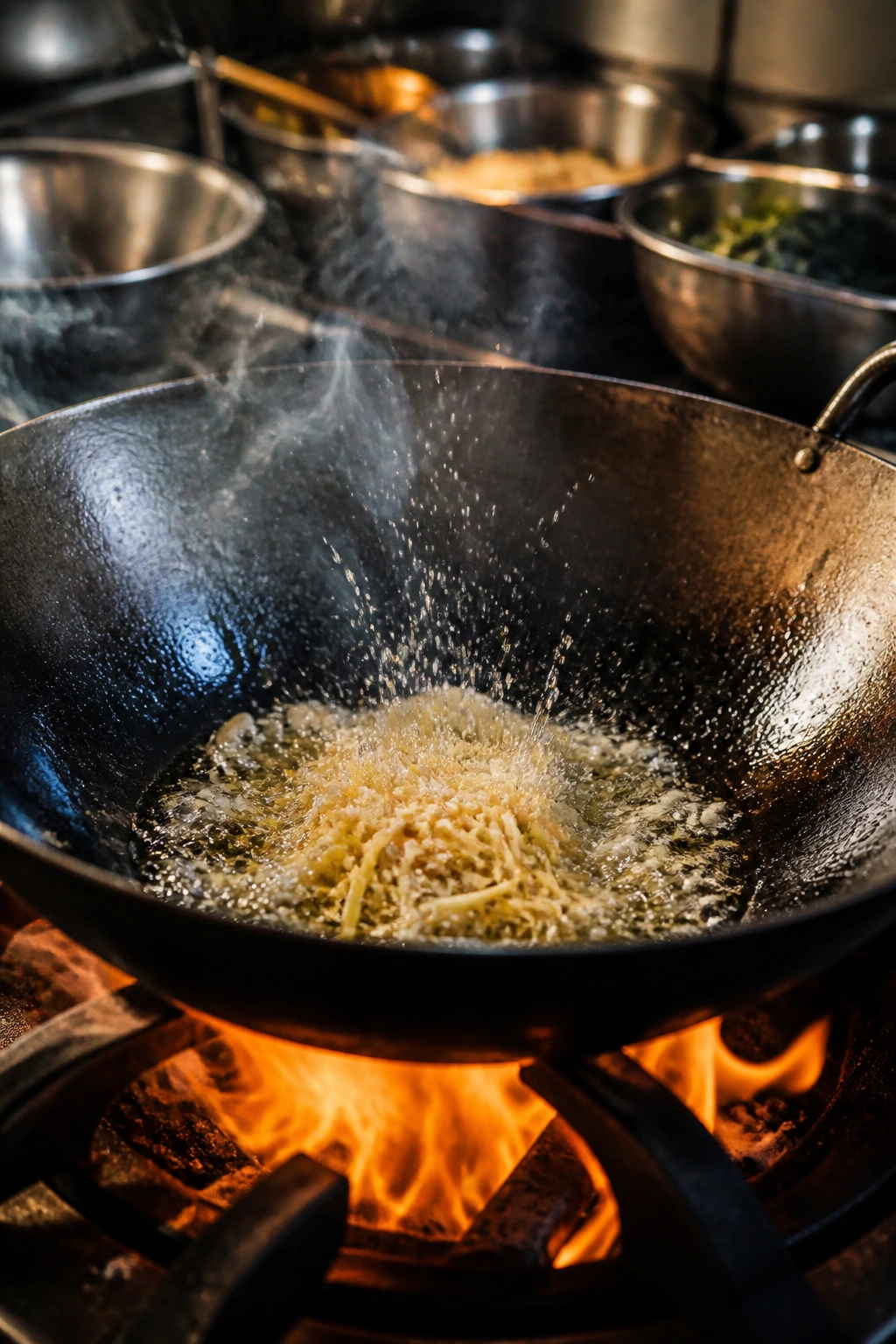 Wok over bright flame with garlic and ginger sizzling