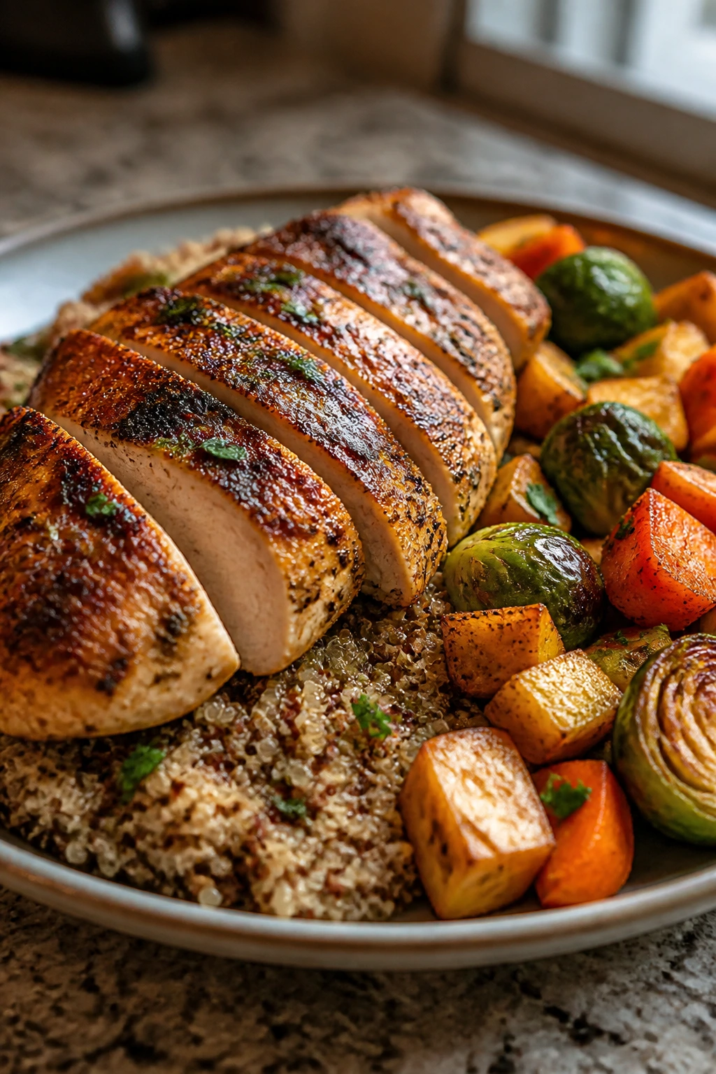 Close-up of a high-protein plate with chicken, quinoa, and vegetables in warm kitchen light