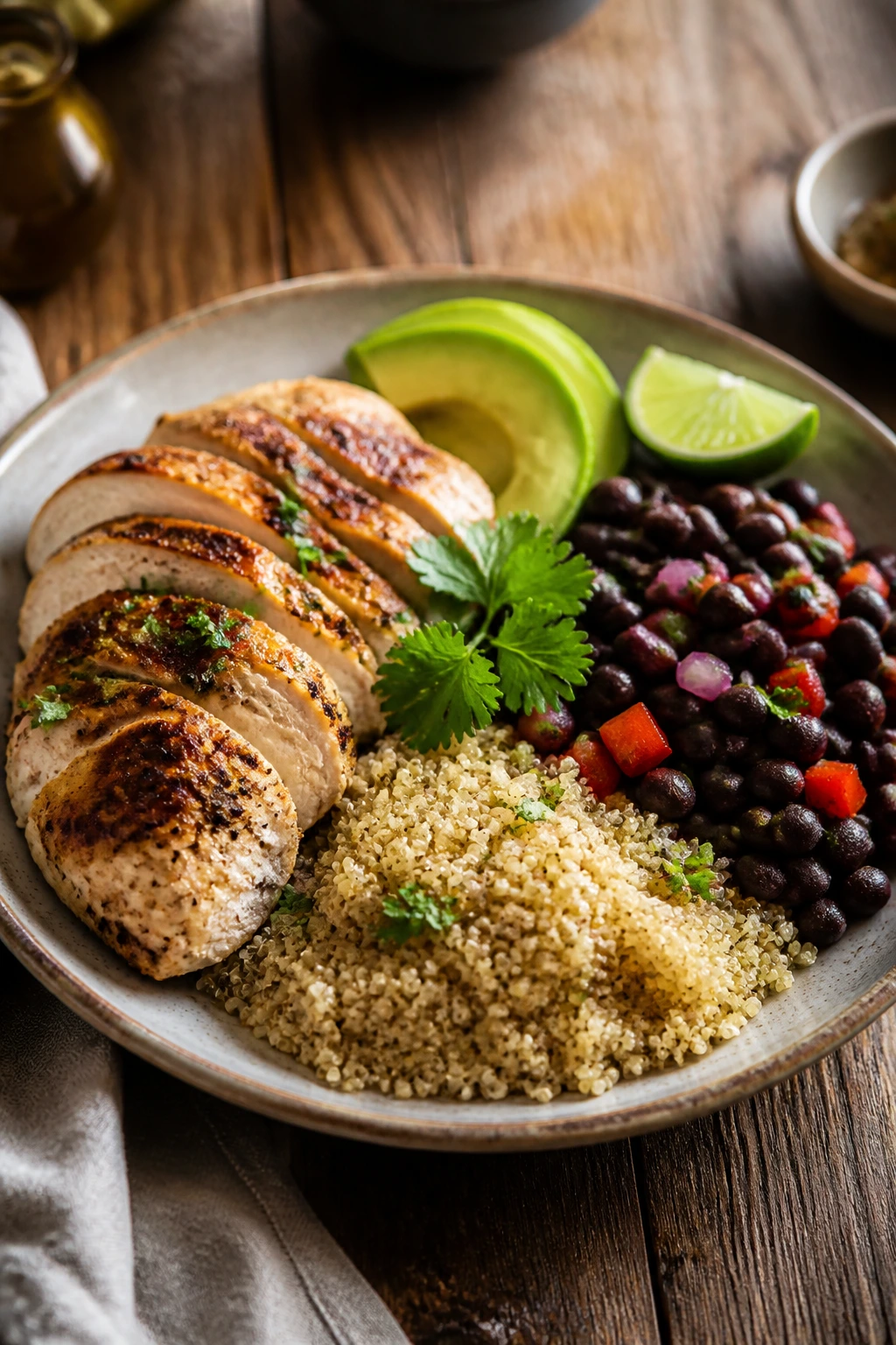 Close-up of a protein-packed dinner plate on a wooden table