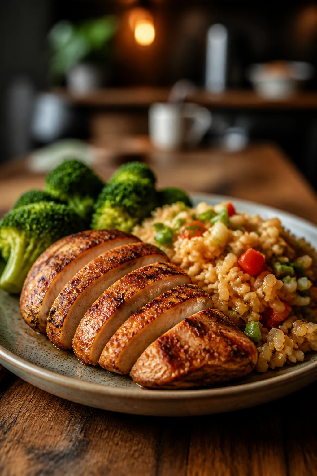 Close-up plate of a high-protein dinner with a carb side, highlighting protein-forward meals.