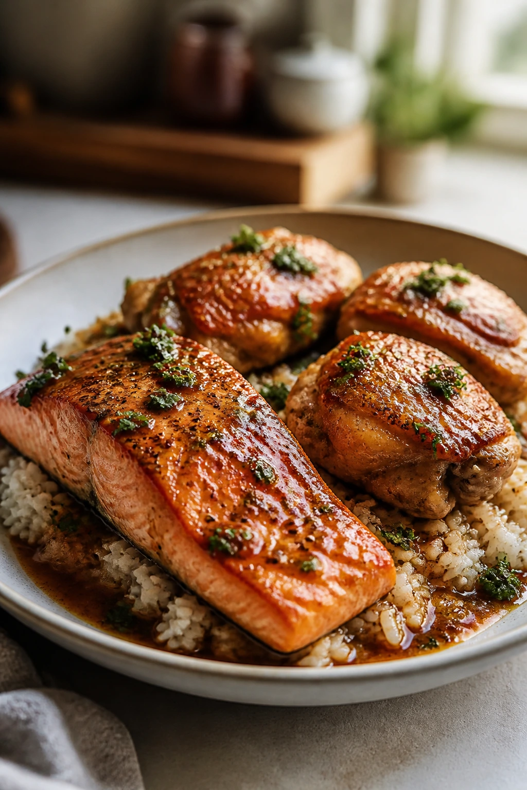 Close-up plate with salmon and chicken high-protein weeknight dinner in a home kitchen
