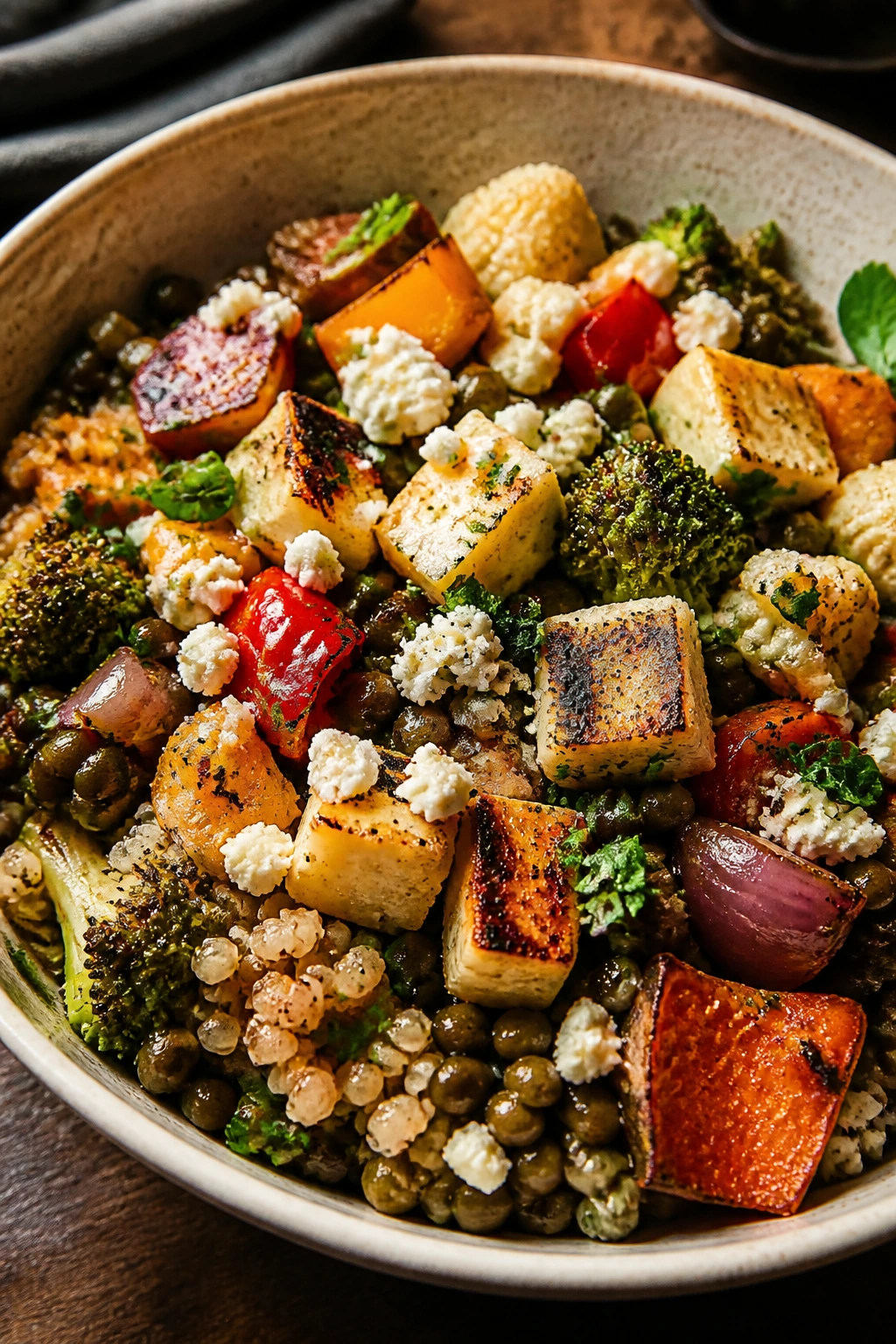 Close-up of a protein-rich vegetarian bowl ready to repeat
