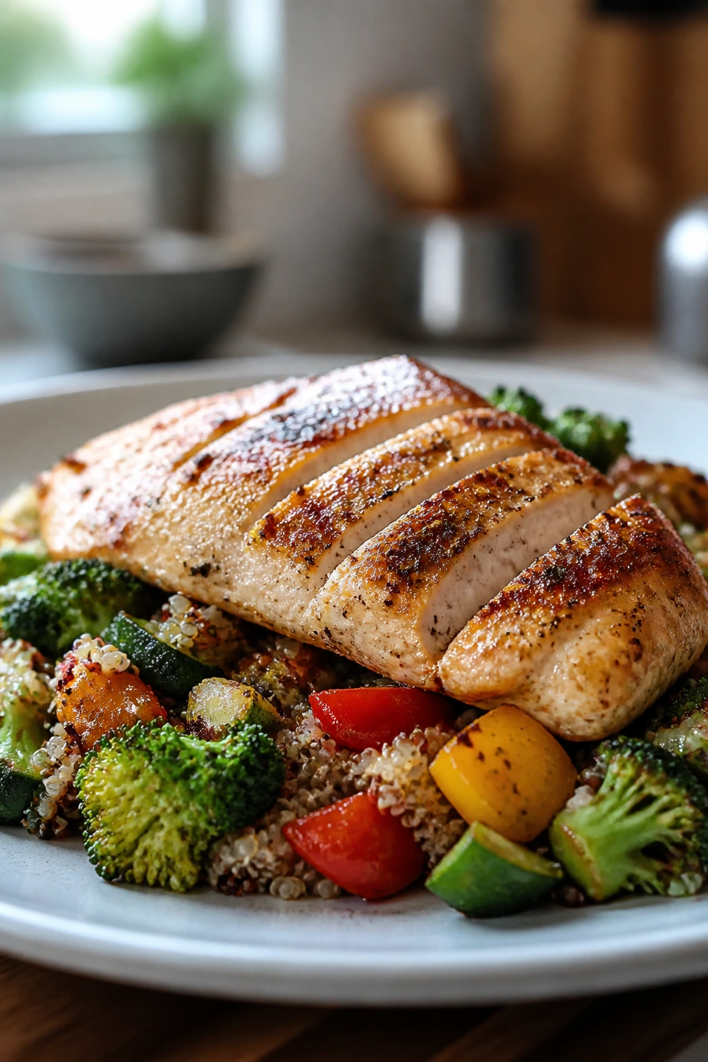 Close-up plate of a high-protein weeknight dinner in a warm kitchen