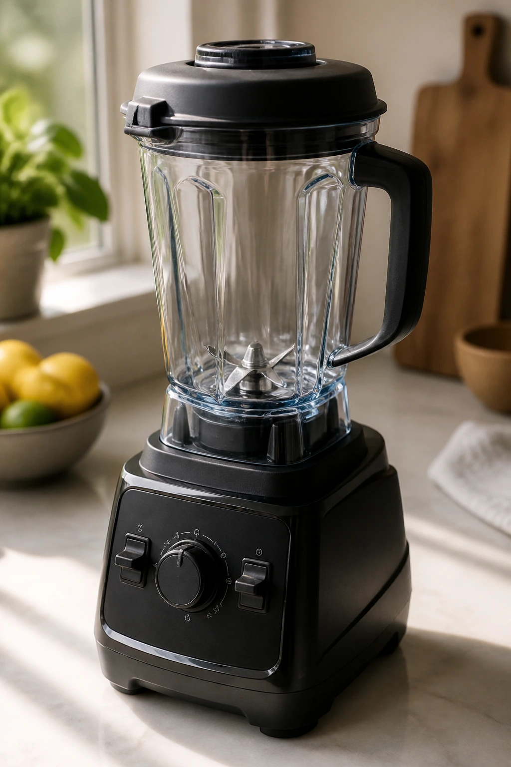 Close-up of a high-speed blender on a bright kitchen counter