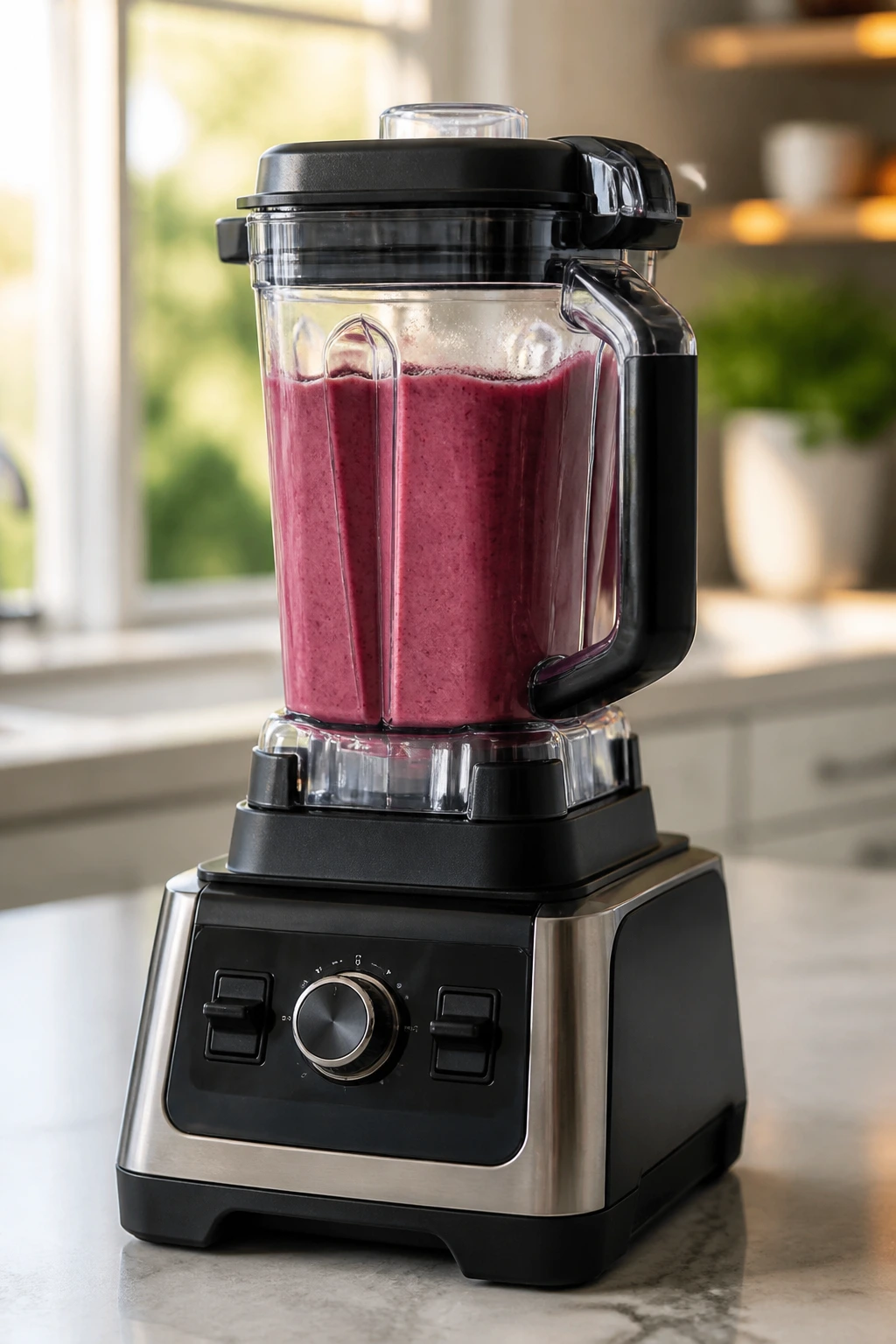 Close-up of a high-speed blender jar in a bright kitchen