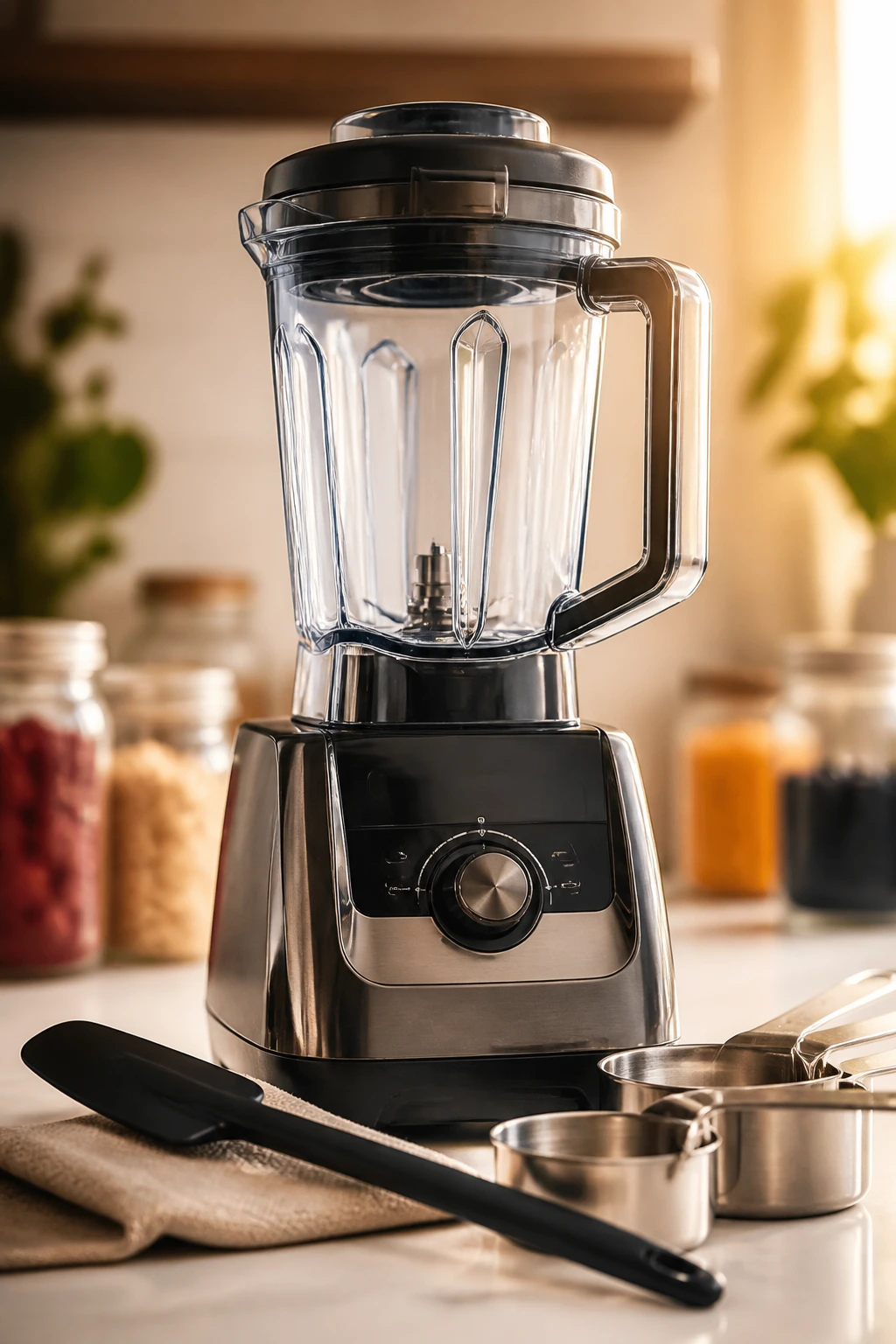 High-speed blender with measuring cups and spatula on kitchen counter