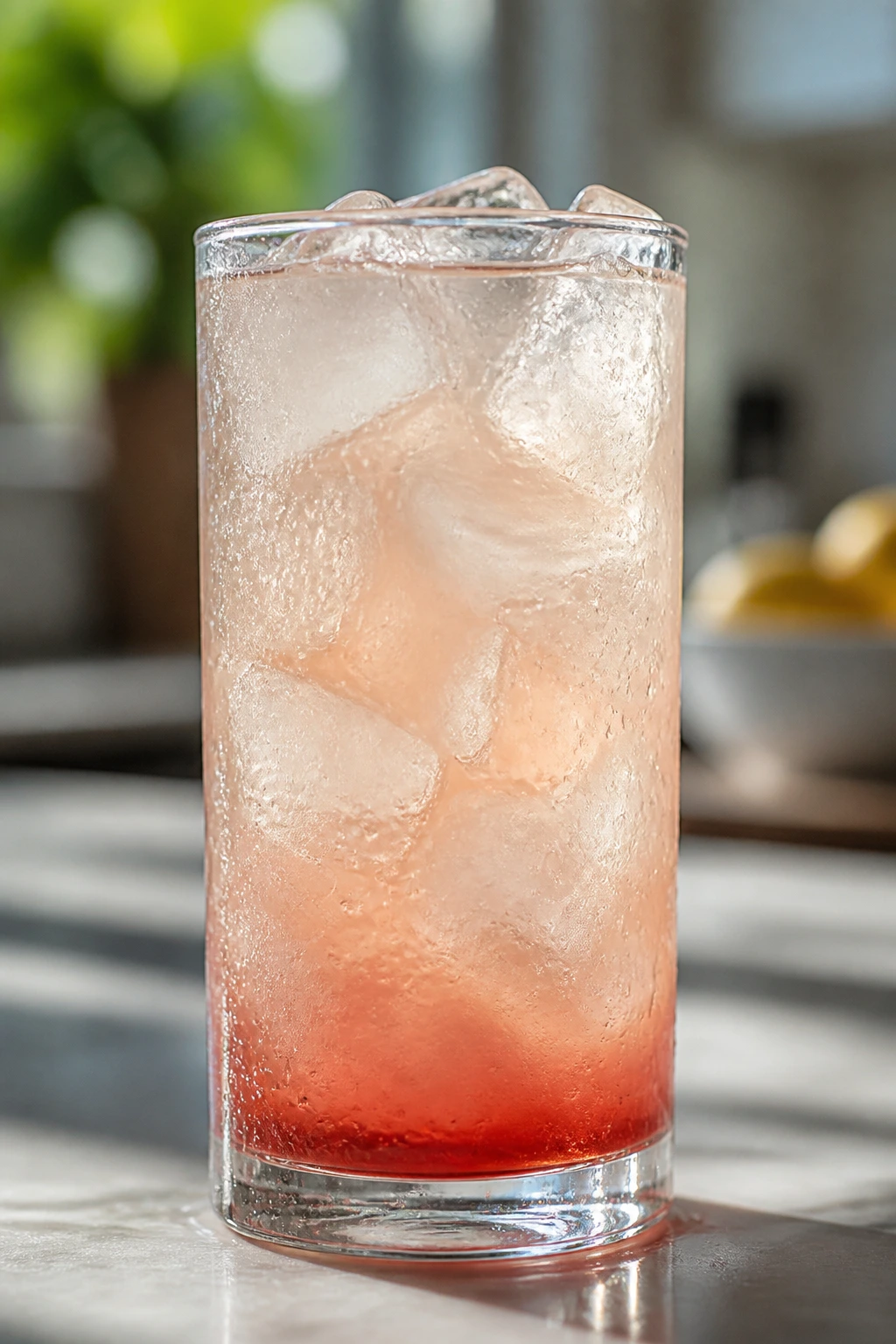 Close-up of a highball glass filled with Malibu Bay Breeze on a kitchen counter