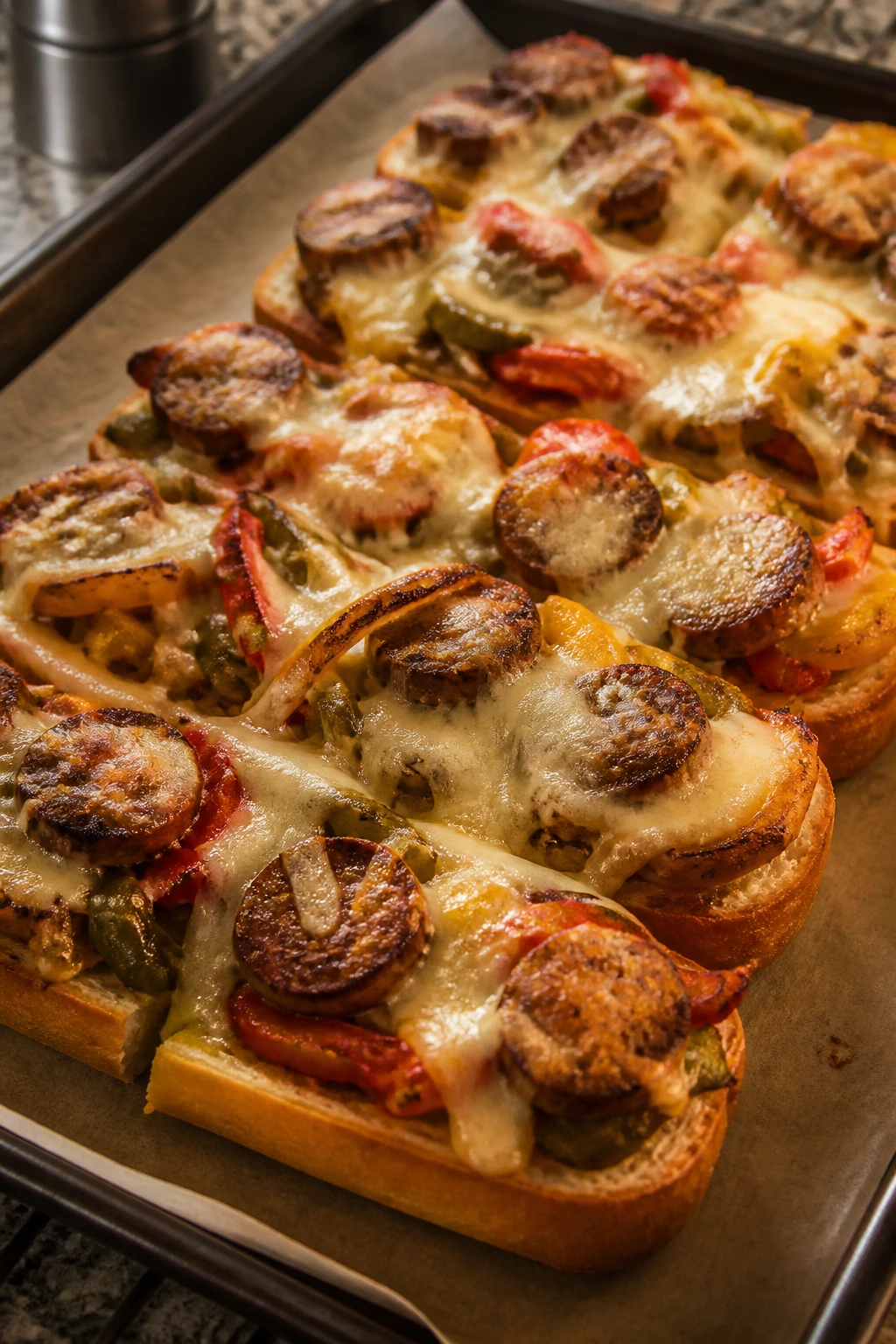 Close-up of sausage and pepper hoagie bake with melted provolone