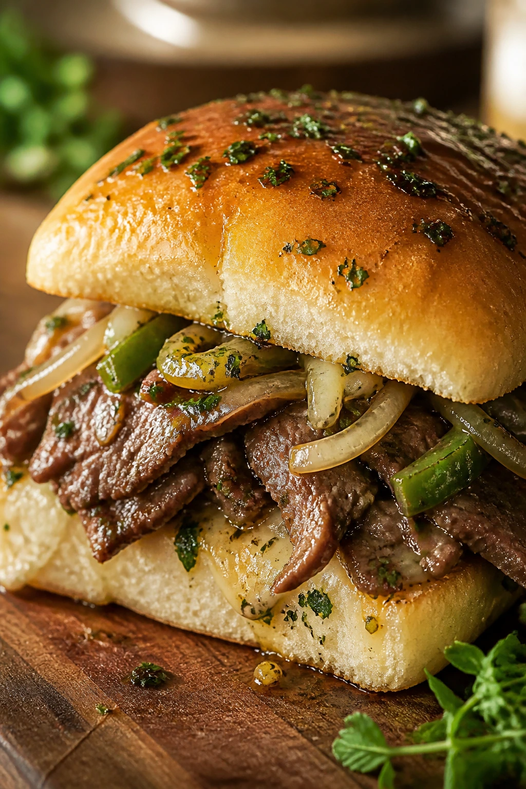 Close-up of Hoagie Herb Oil Sliders with herbs and olive oil sheen on beef