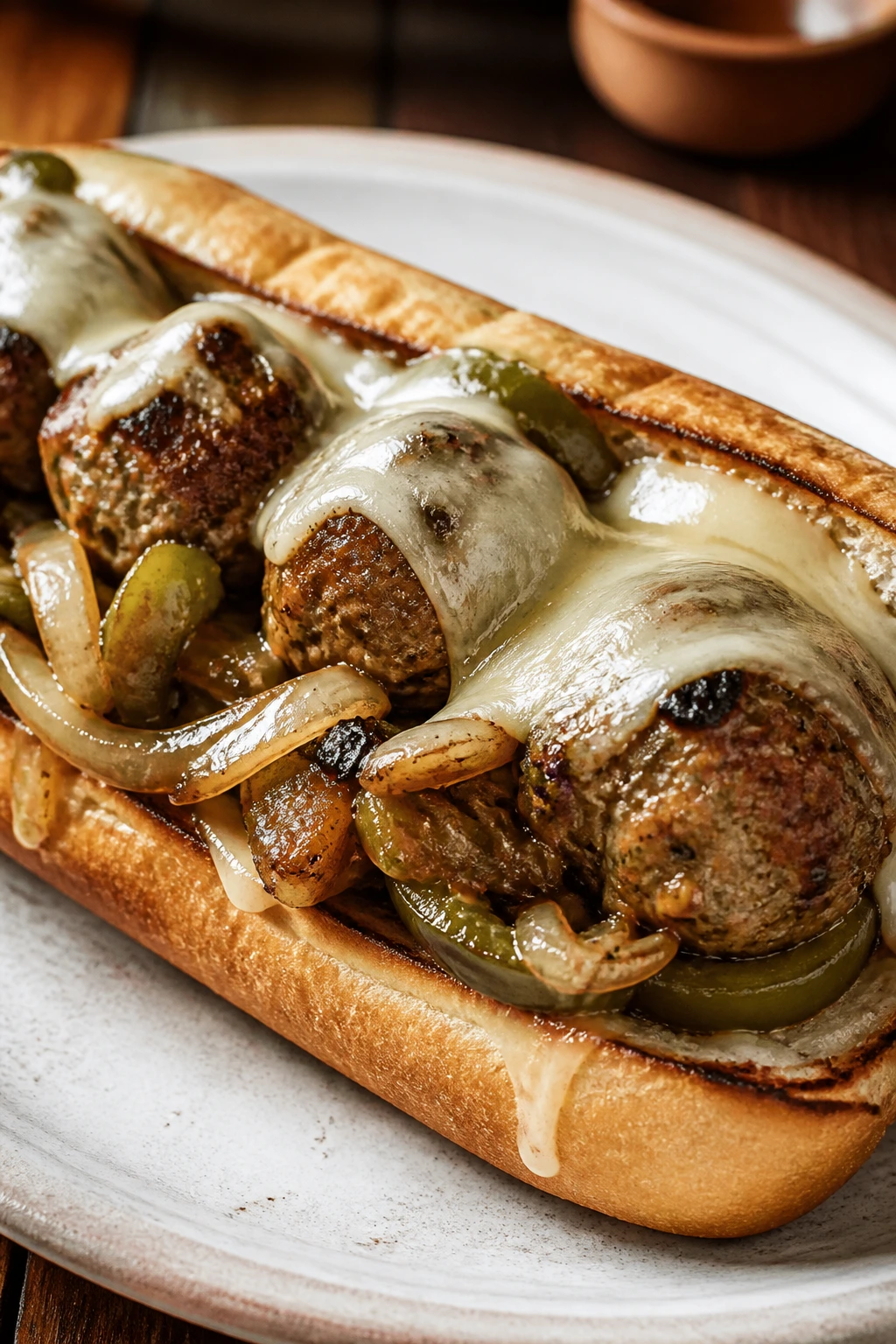 Close-up of a loaded Philly-style meatball hoagie