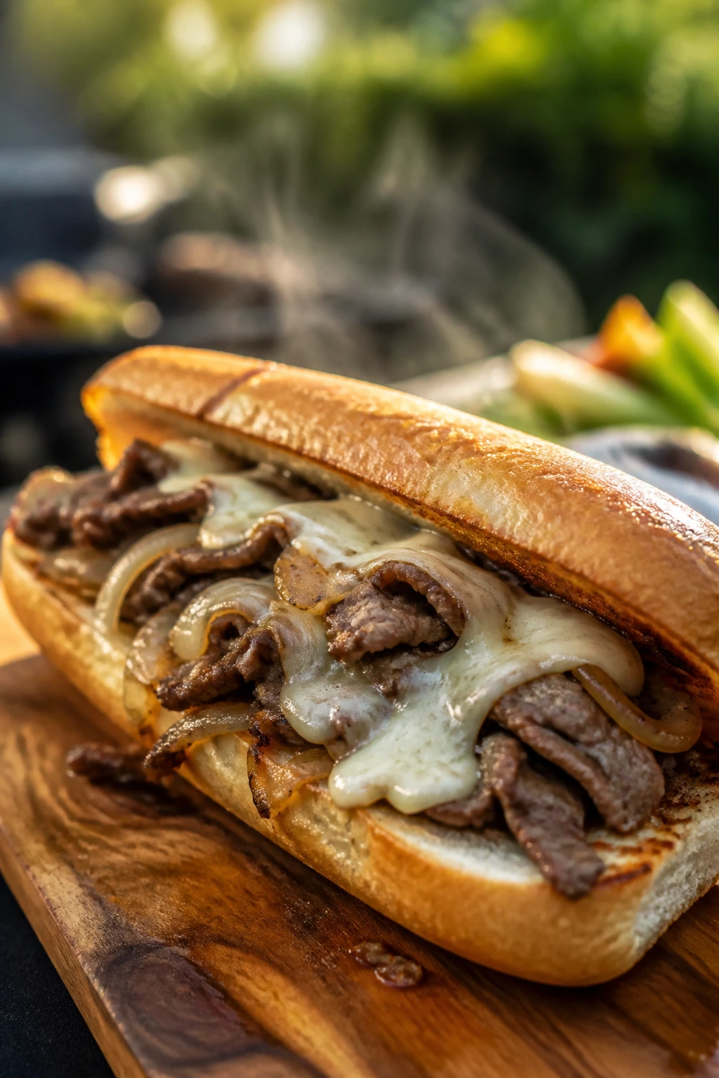 Close-up of a Philly cheesesteak hoagie on a wooden board with beef, onions, and melted provolone
