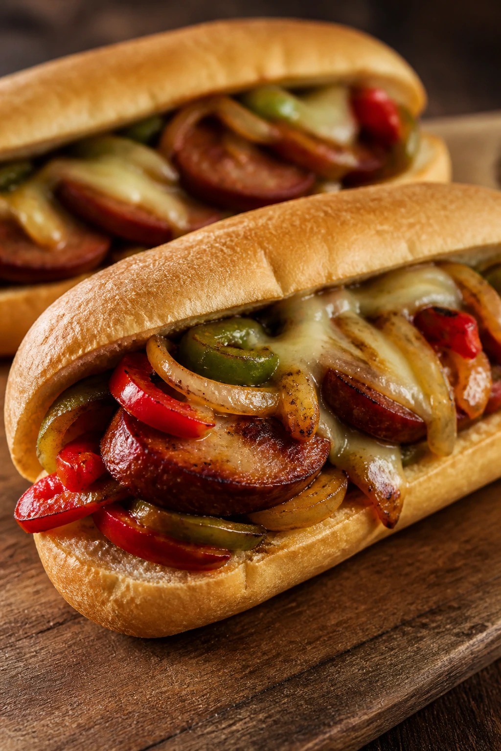Loaded smoked sausage hoagie with peppers and onions