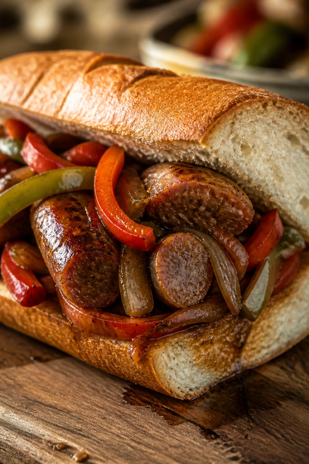 Cross-section of sausage and peppers hoagie on a wooden board