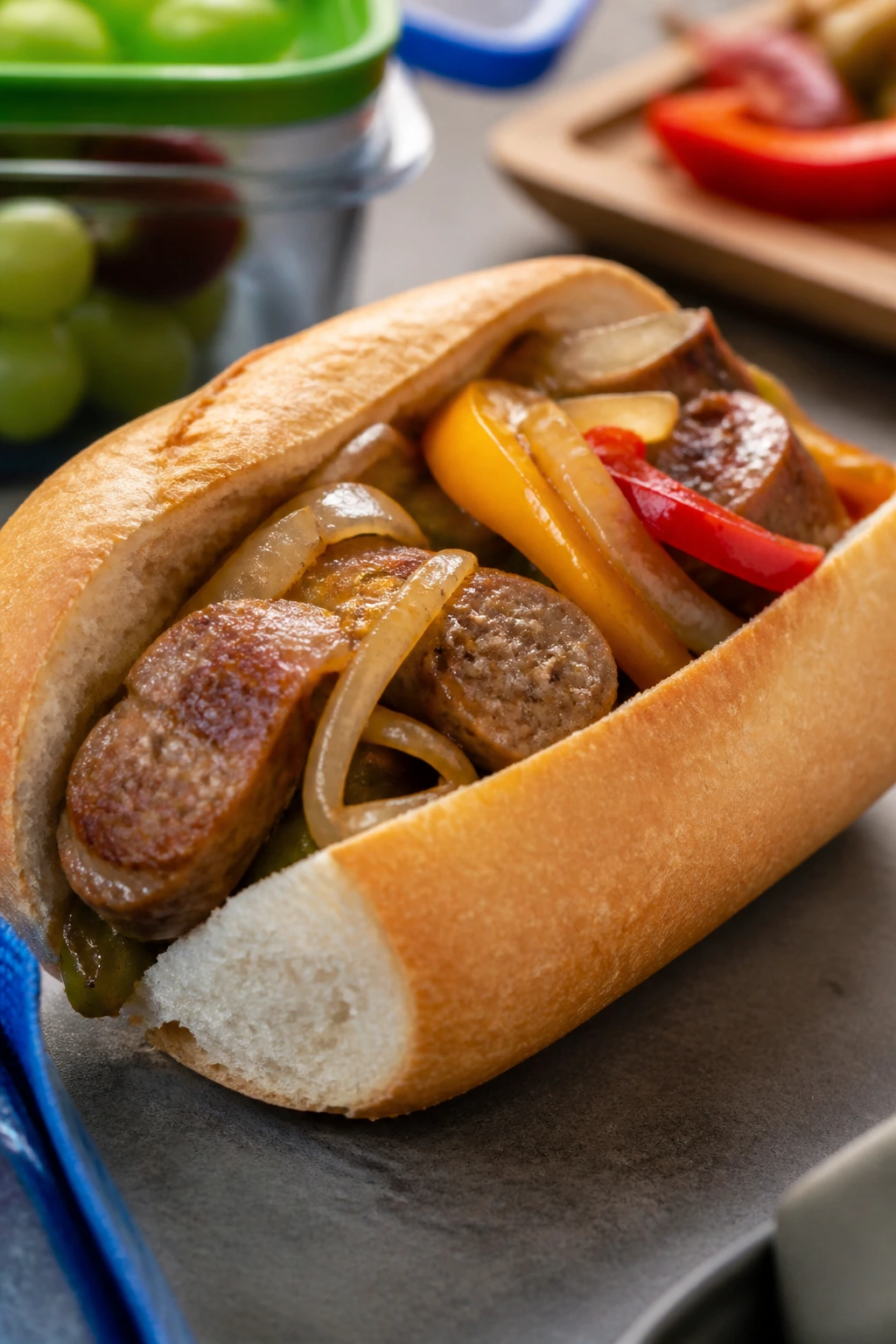Close-up of sausage hoagie with peppers and onions