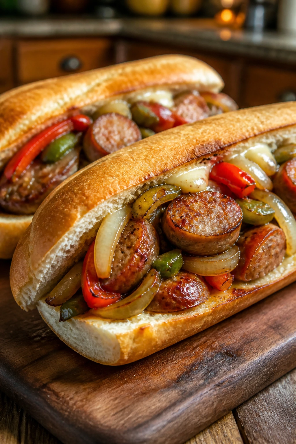 Toasted hoagie sandwich filled with sausage peppers and onions