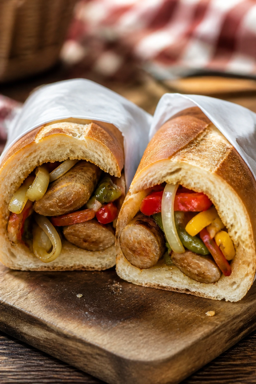 Close-up of a sausage hoagie half showing peppers and onions