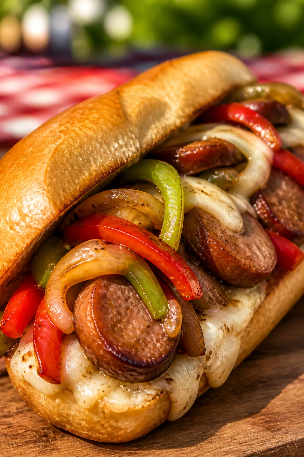 Open-faced hoagie with sausage, peppers, and onions on a picnic surface