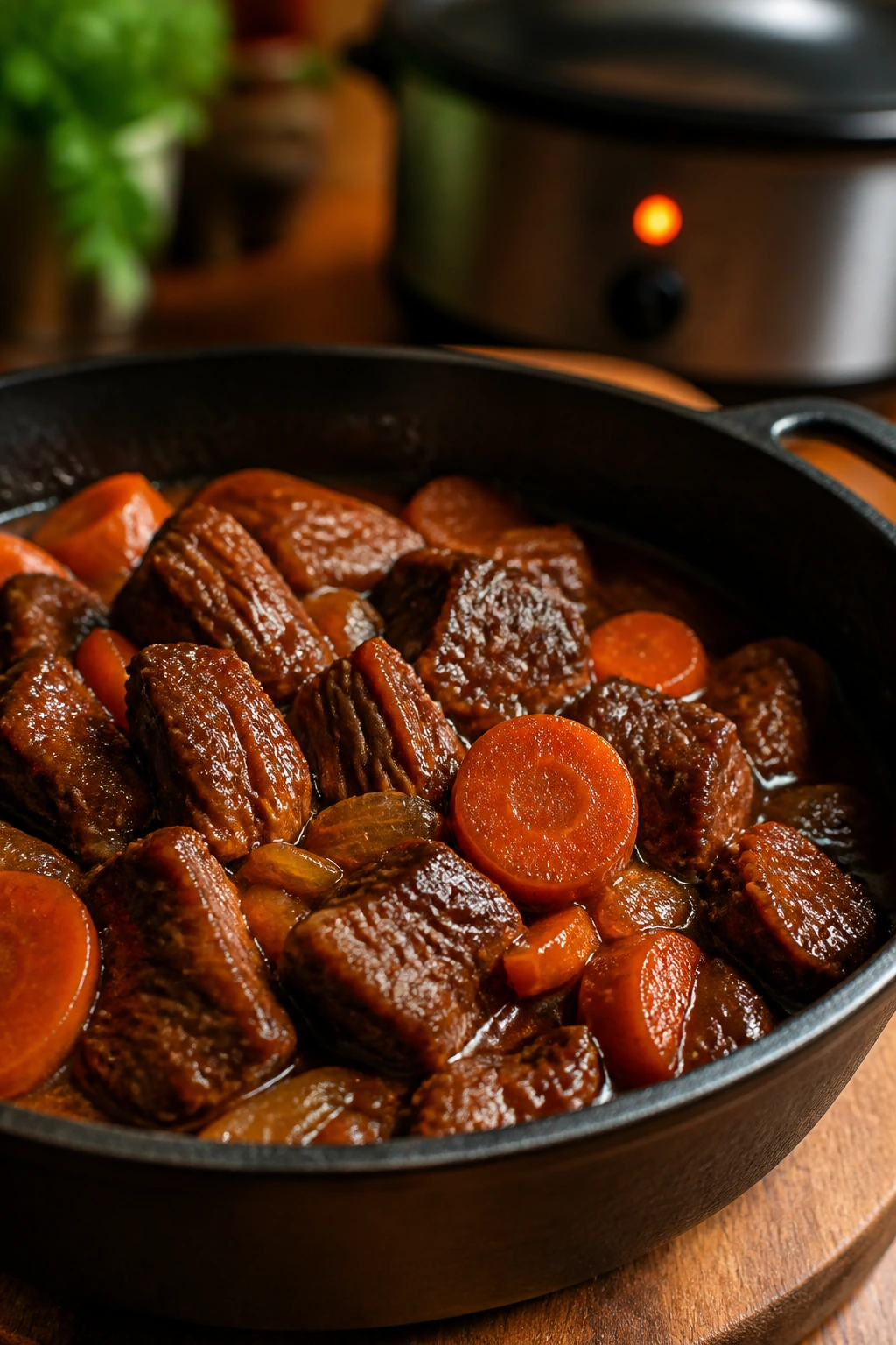 Close-up of Hoisin Beef and Carrots braise with tender beef and carrots