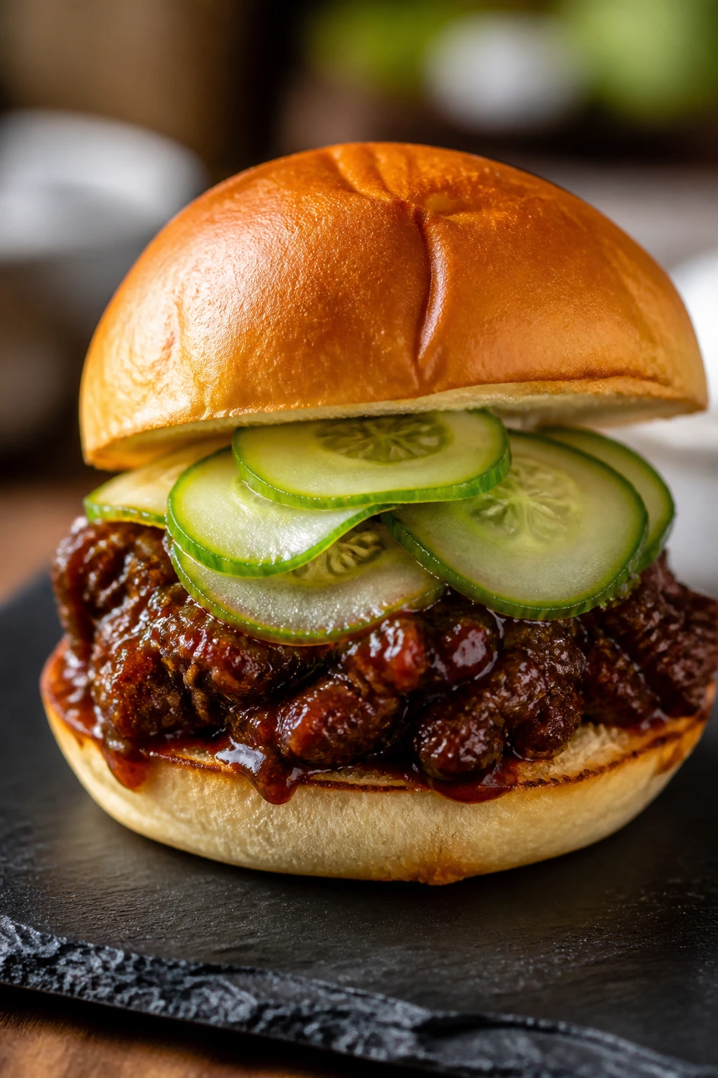 Hoisin beef slider with cucumber pickle on dark slate board