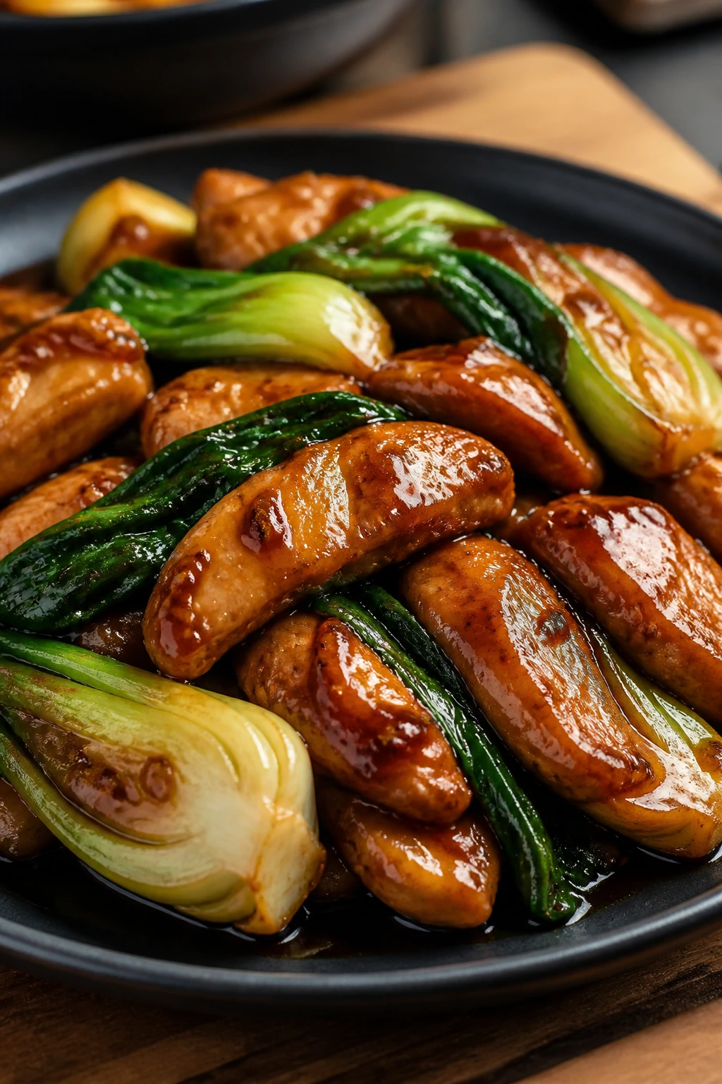 Close-up of Hoisin Chicken and Bok Choy on a plate