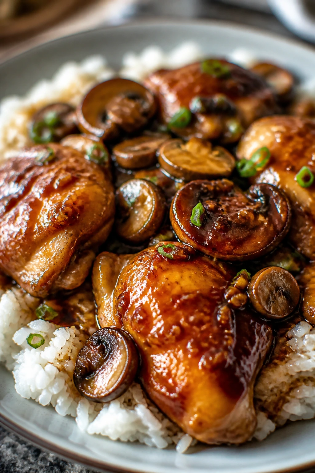 Close-up of hoisin-glazed chicken with mushrooms