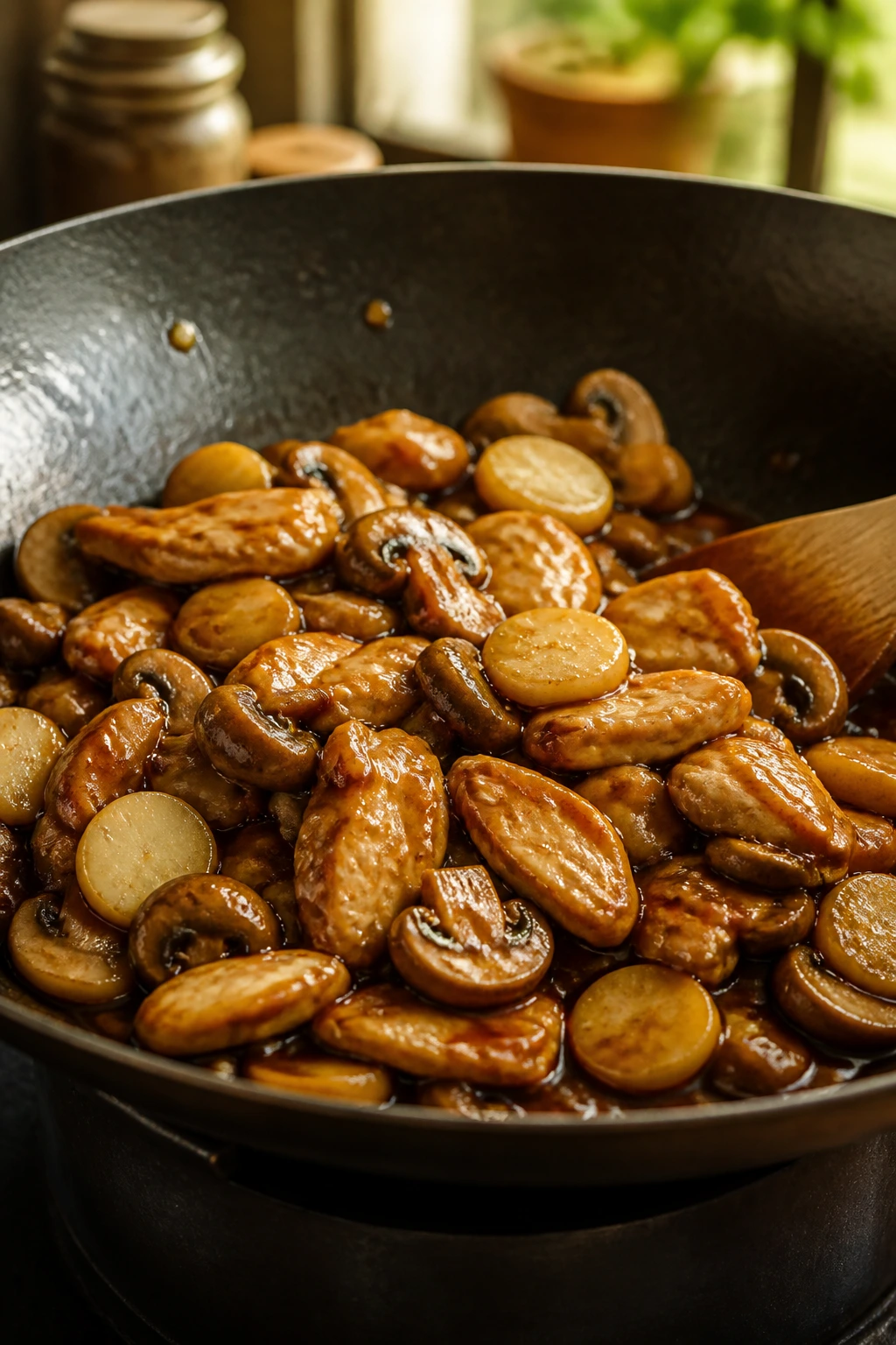 Hoisin chicken with mushrooms and water chestnuts in a glossy sauce