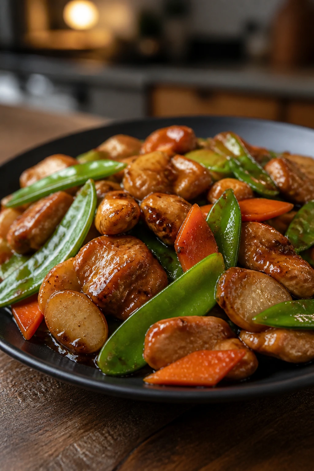Close-up of hoisin chicken stir fry with snow peas