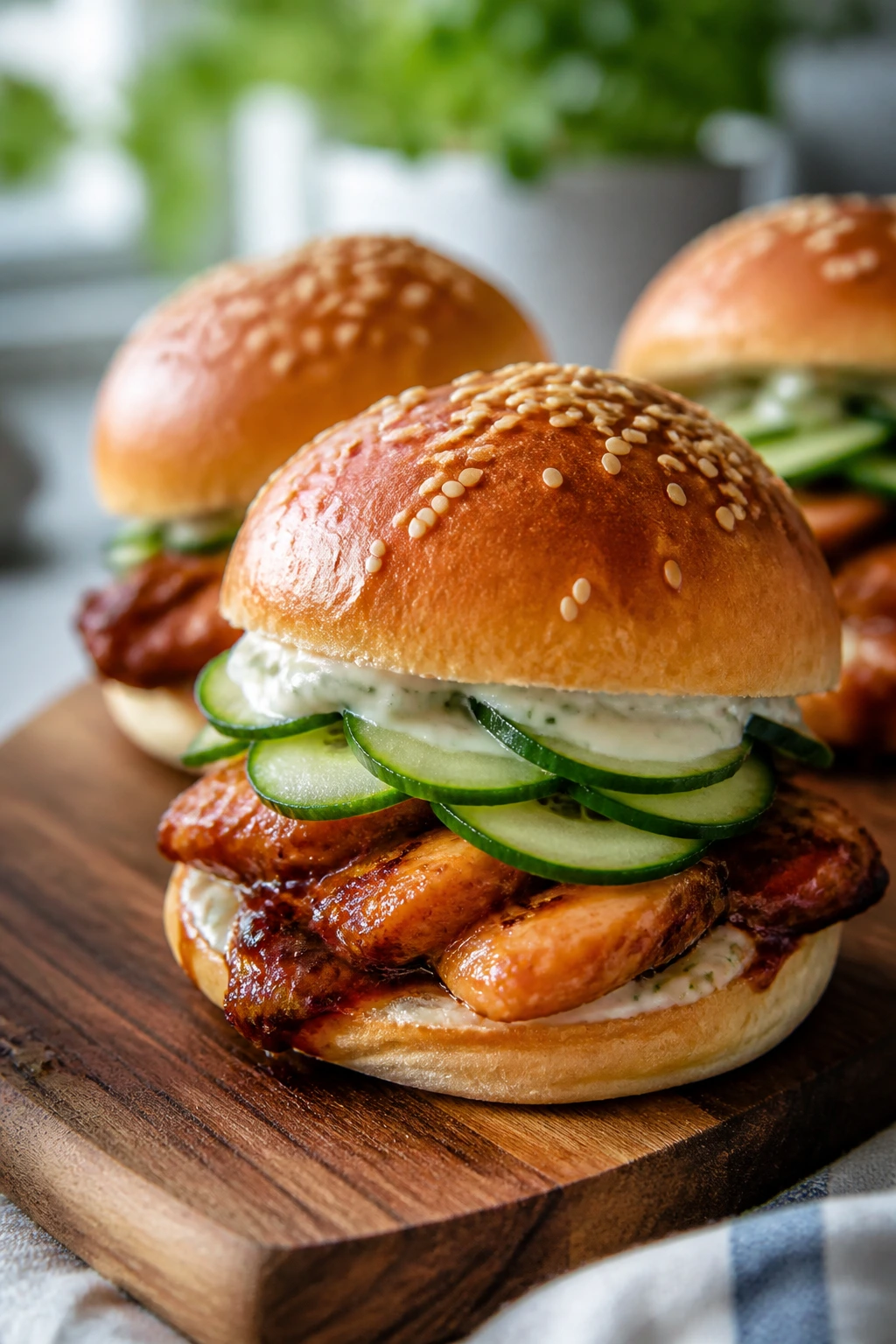 Close-up hoisin cucumber chicken slider with cucumber slices