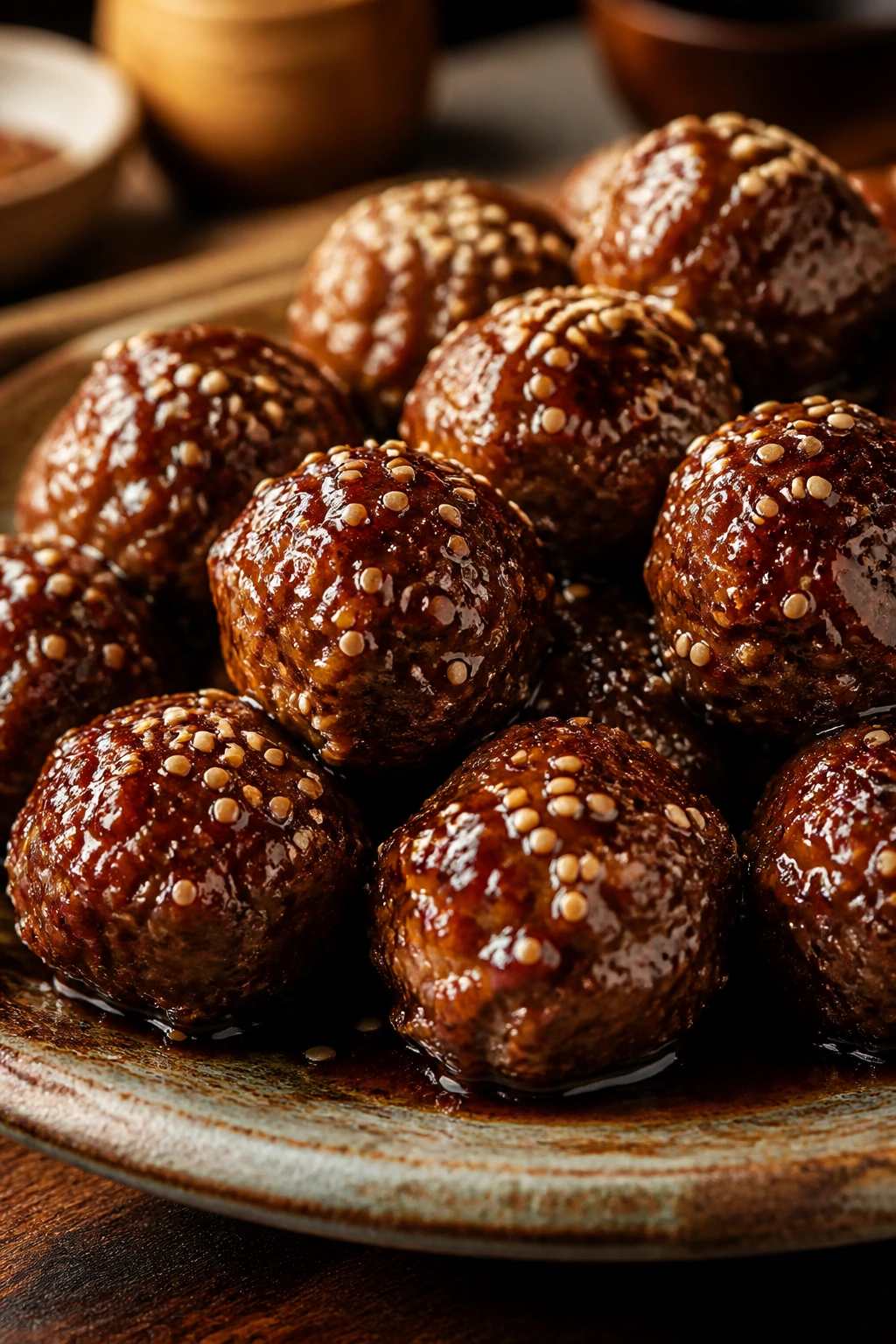 Close-up Hoisin Five-Spice Meatballs in glossy glaze