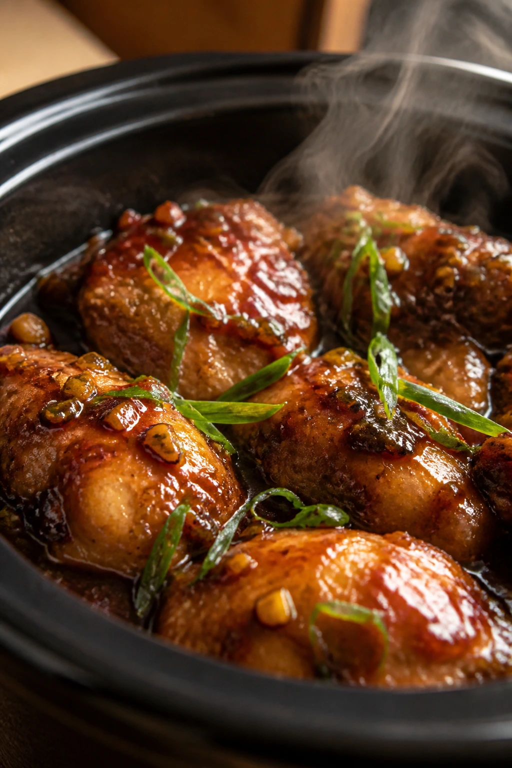 Close-up of glossy Hoisin Garlic Chicken thighs in hoisin sauce with scallions