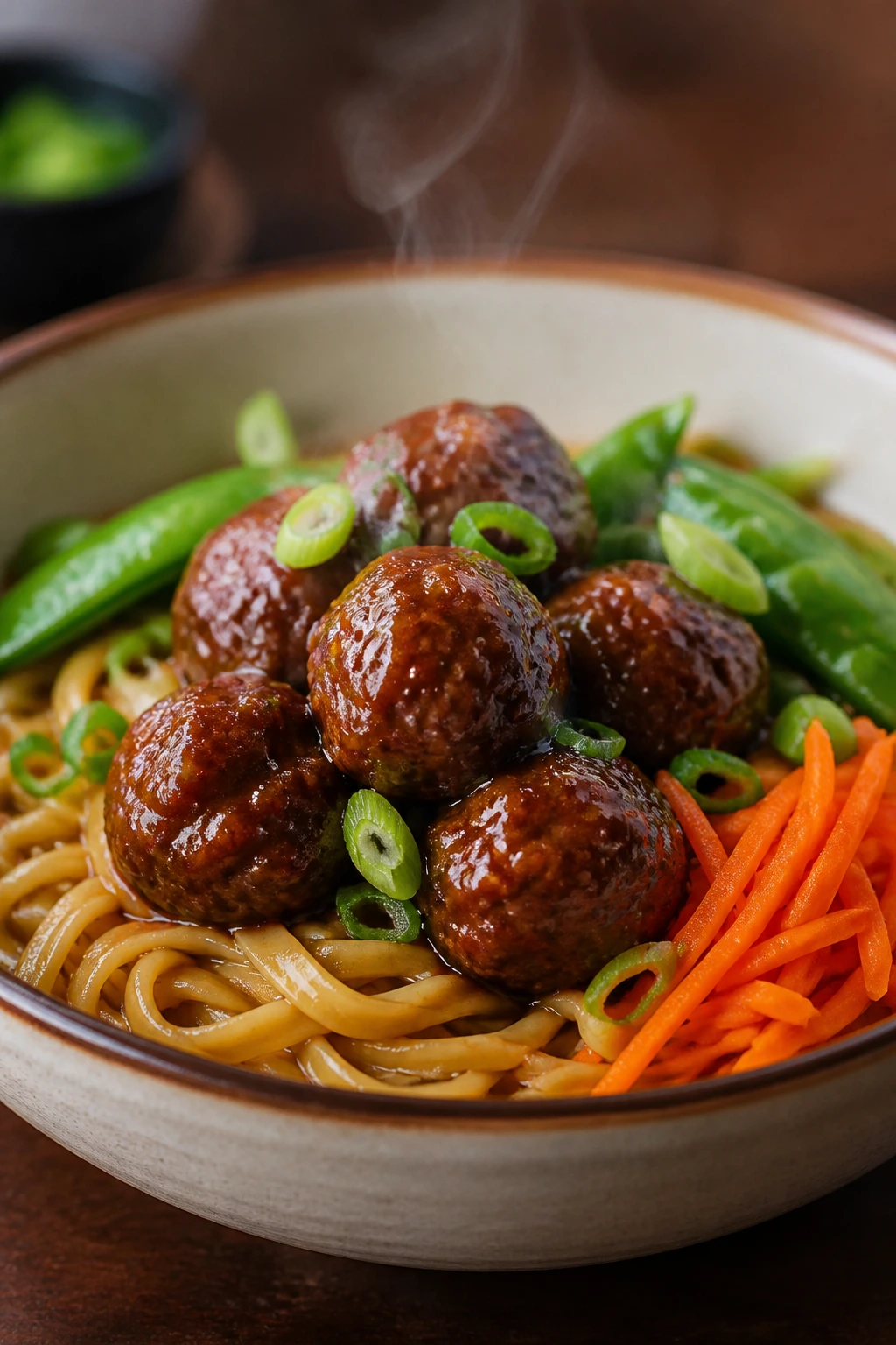Hoisin meatballs over noodles with vegetables