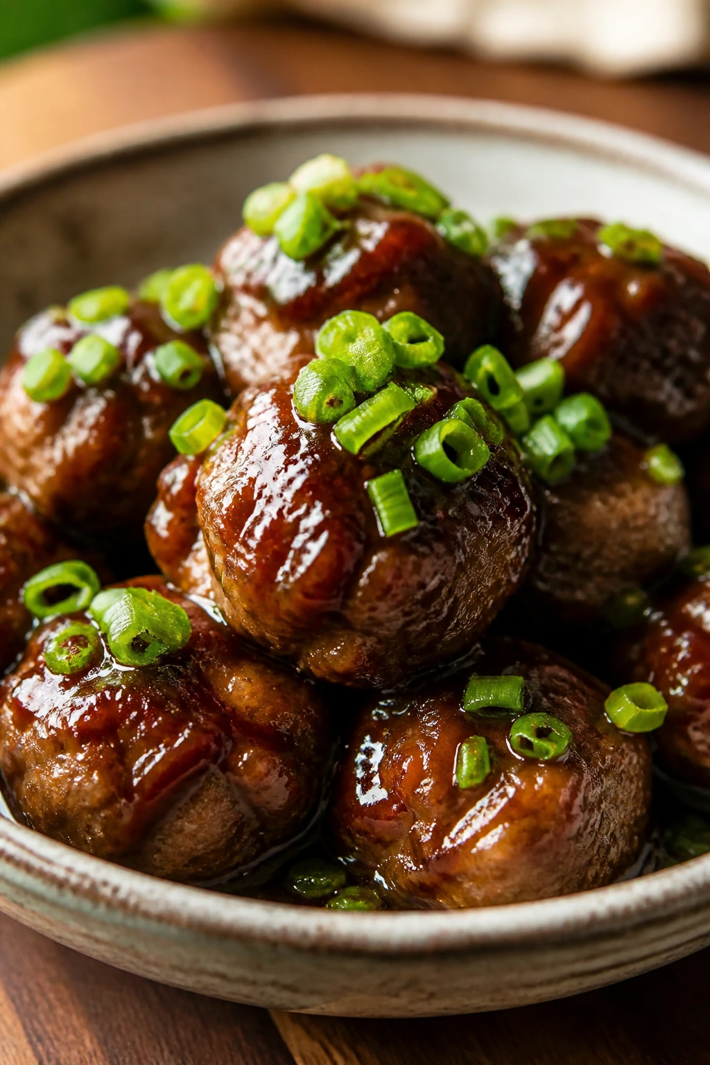 Close-up of glossy hoisin-glazed pork meatballs topped with scallions in a shallow bowl