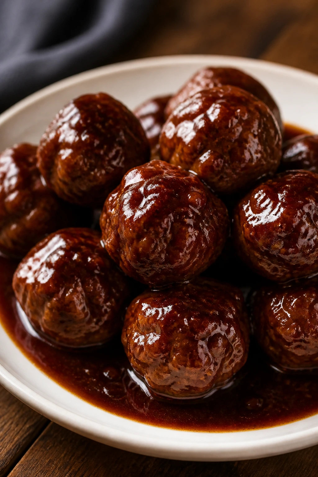Close-up of hoisin-glazed meatballs in sauce on plate