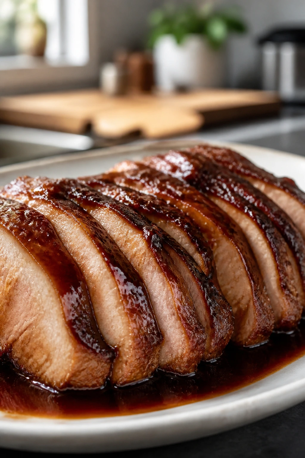 Close-up Hoisin Pork Loin slices with glossy glaze